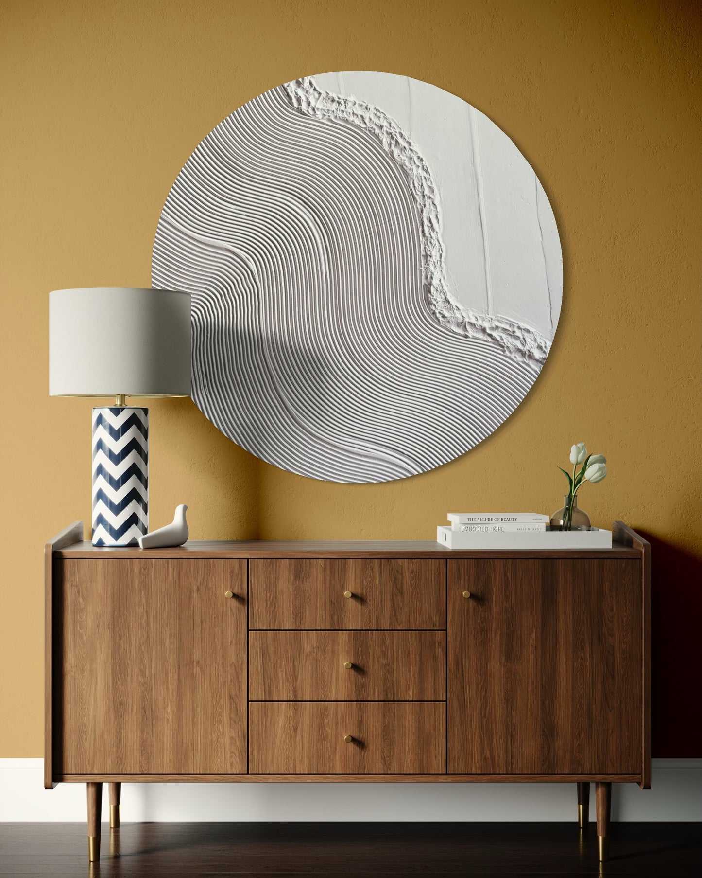 Neutral round wall art with handmade 3D surface