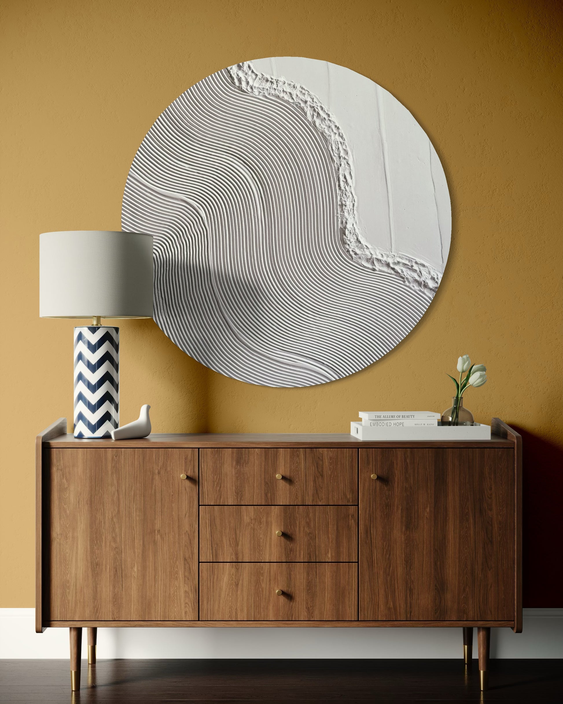 Neutral round wall art with handmade 3D surface