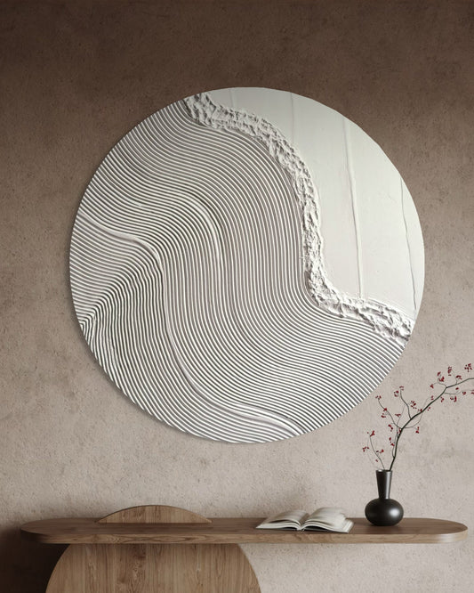 LOKI round white textured wall art with abstract sculptural pattern