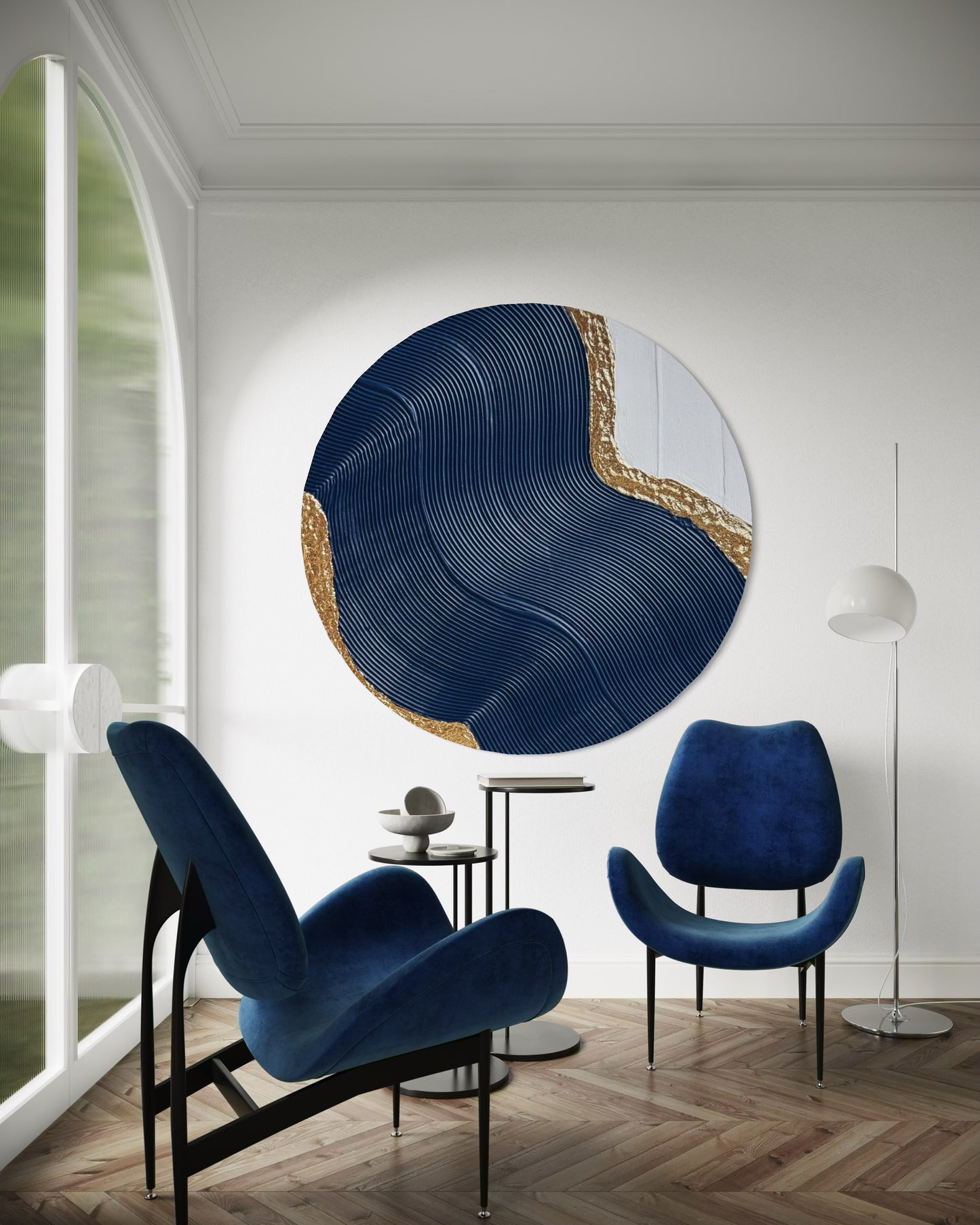Modern interior with blue chairs and a decorative wall piece.