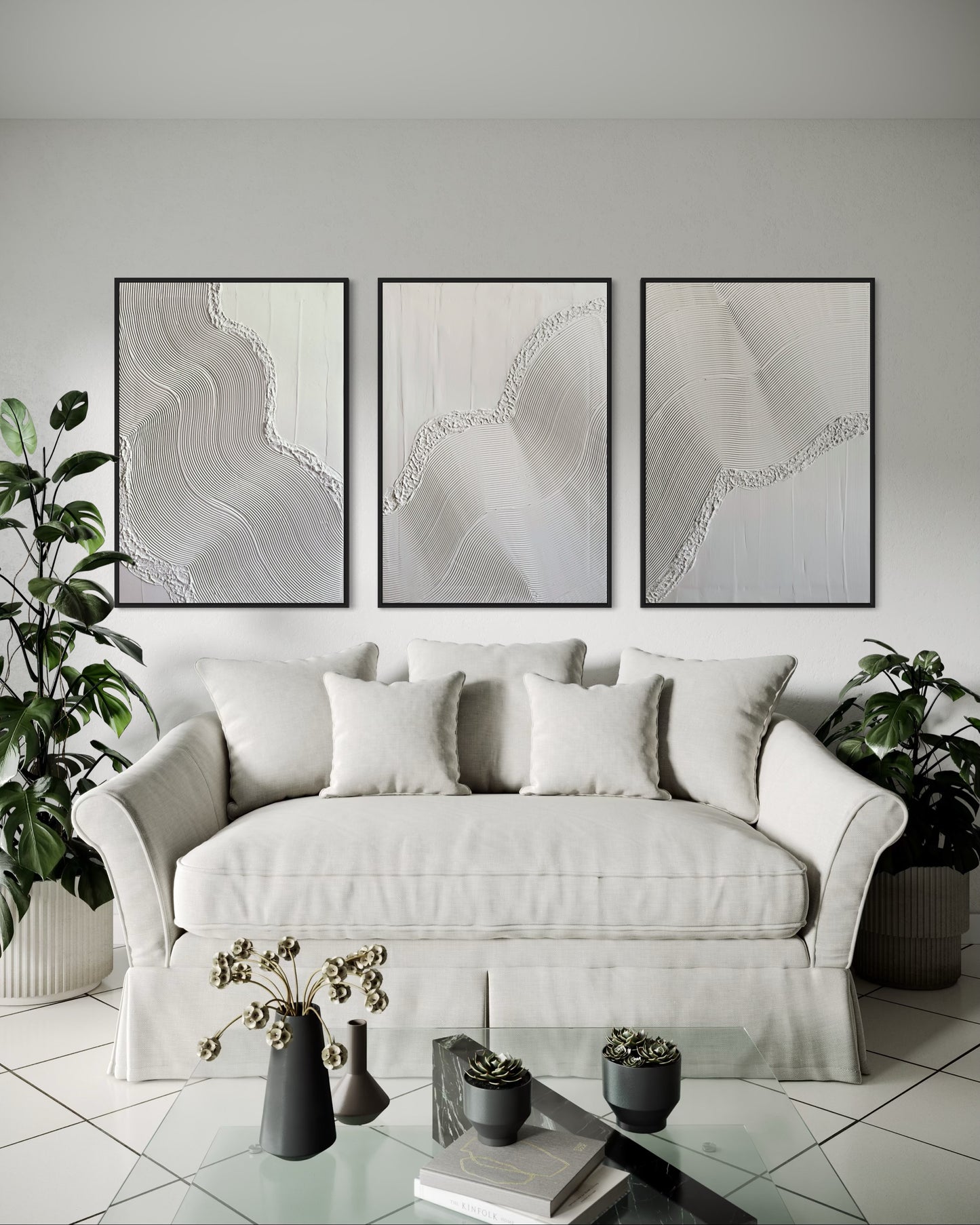Neutral triptych artwork in white for contemporary interiors