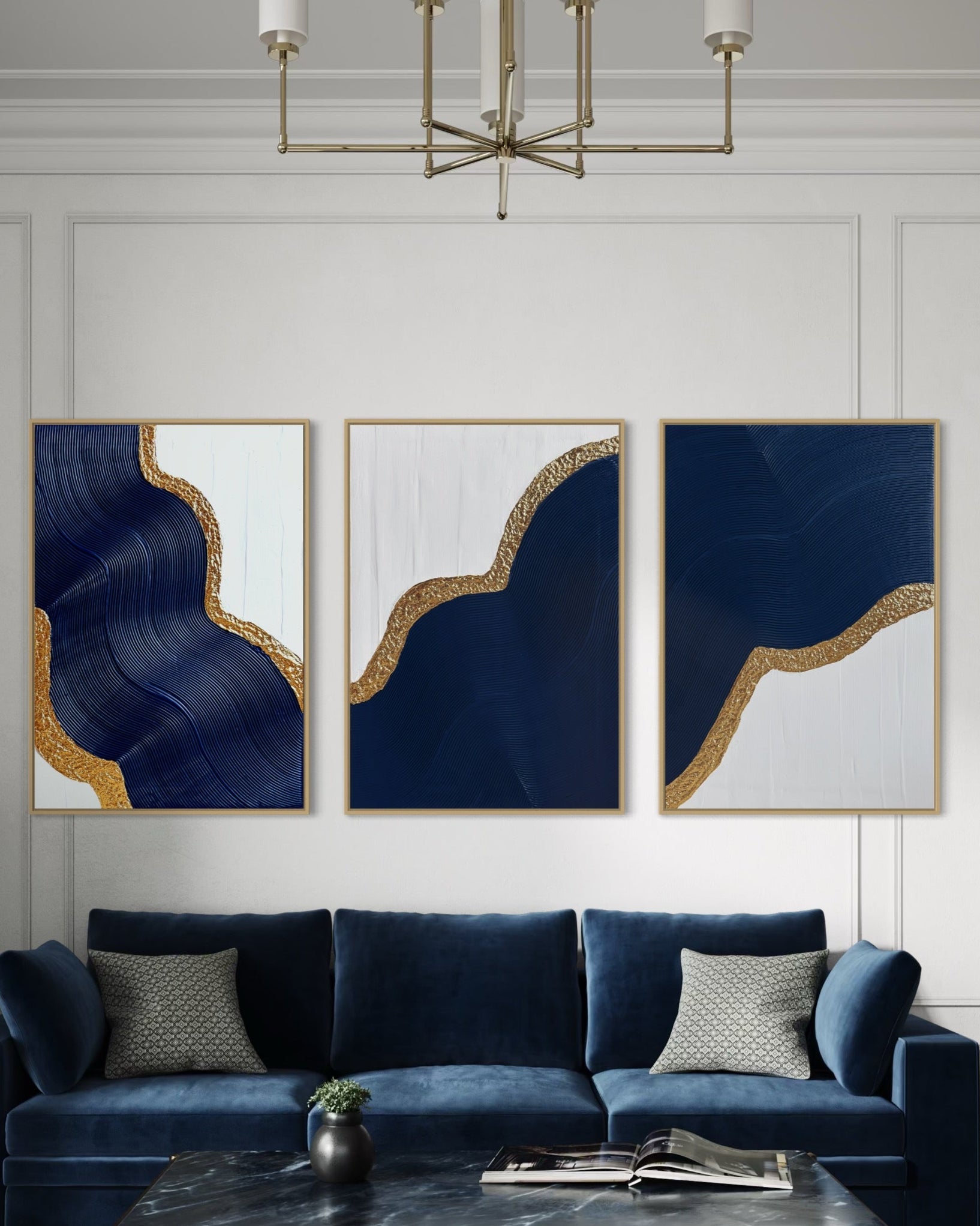 LOKI set of 3 textured wall art with navy wave design and gold leaf on white canvas

