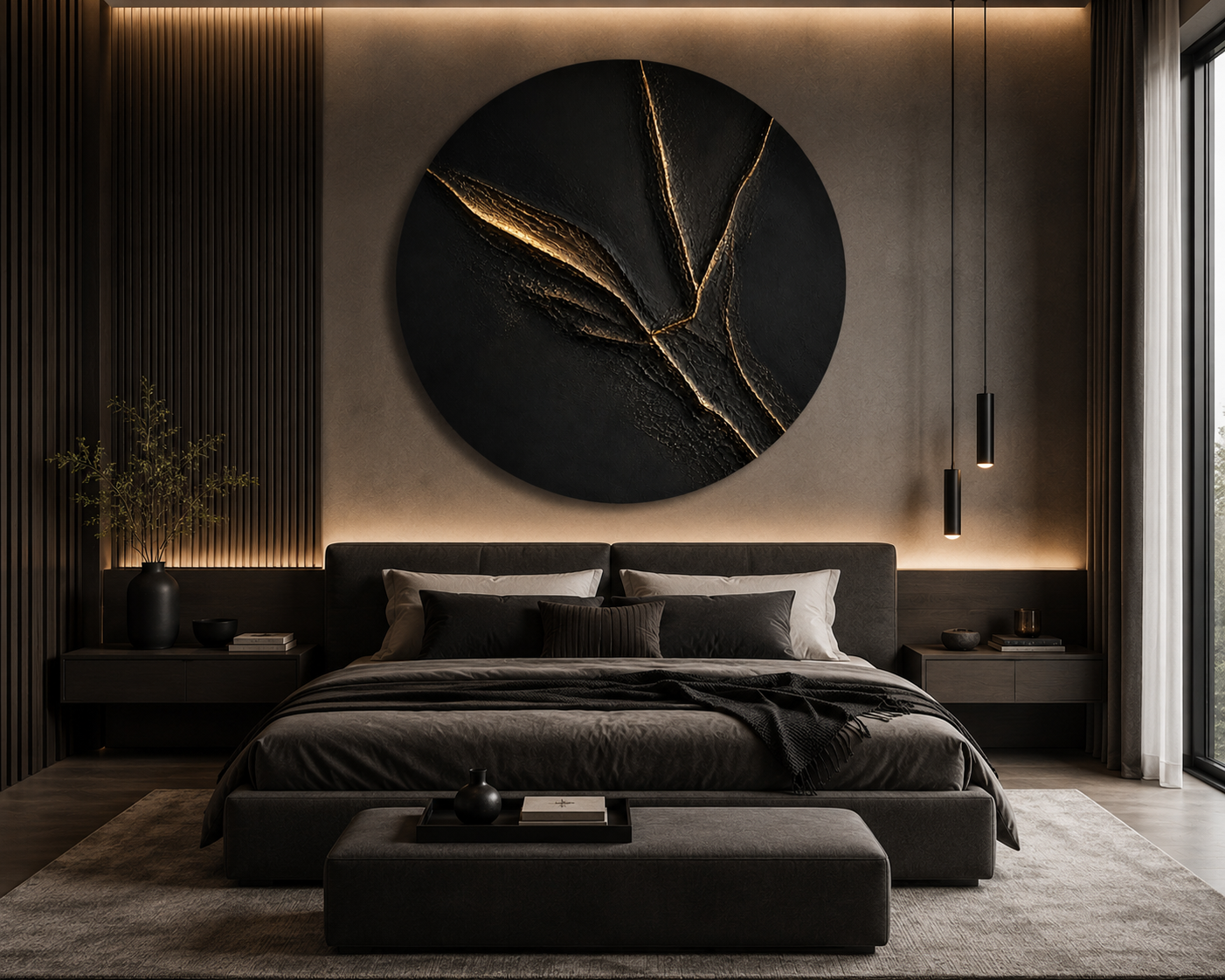 Modern bedroom with a large circular wall art piece, dark bedding, and minimal decor.