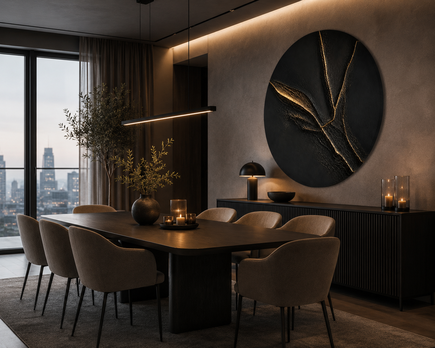Modern dining room with a large round wall art piece, table, and chairs.