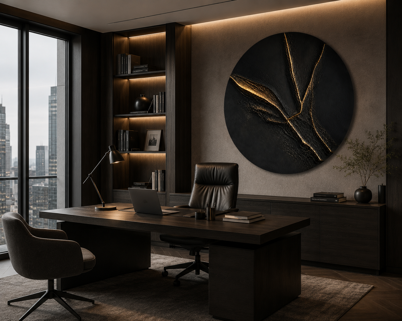 Modern office interior with a large desk, chair, and wall art.