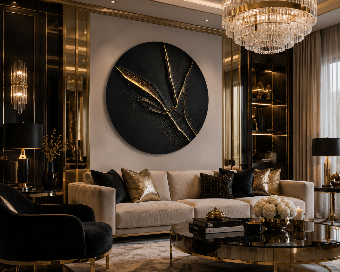 Luxurious living room with a chandelier, sofa, and decorative wall art.