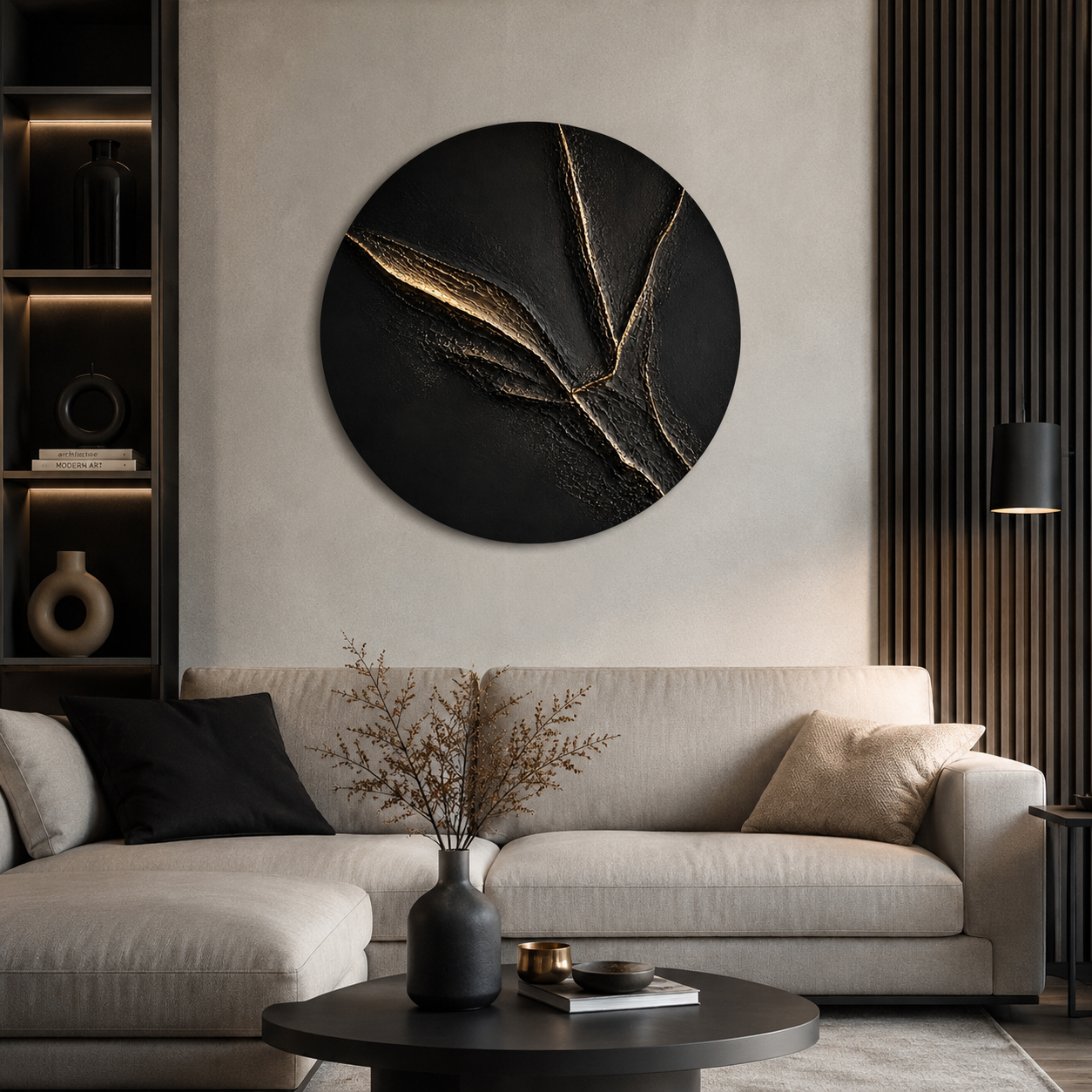 Modern living room with a round wall art piece above a sofa.