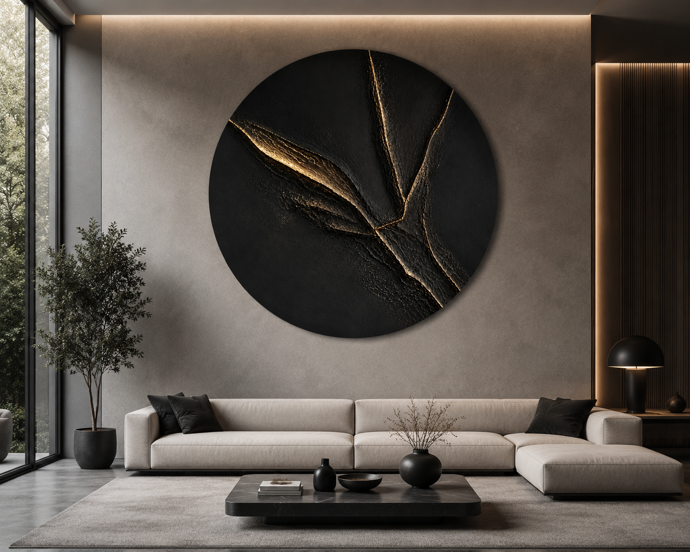 Modern living room with a large circular wall art piece in a neutral-toned room.
