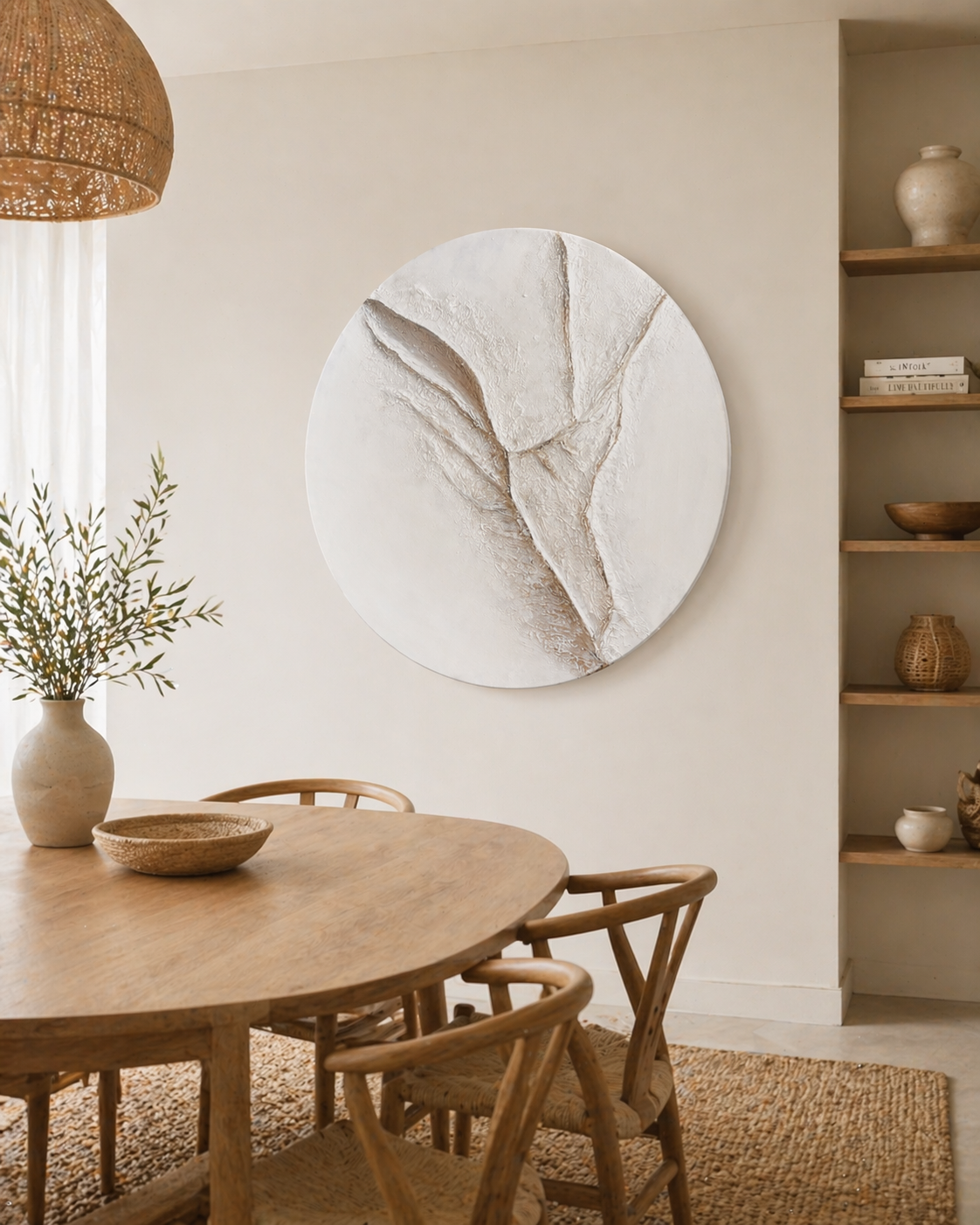 Dining room with wooden table and chairs, round abstract painting on wall, and shelves with decor items.