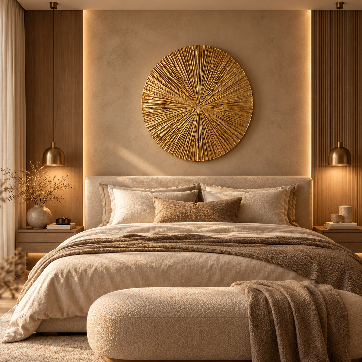 A beautifully styled bedroom featuring a bed dressed in beige and brown linens, an upholstered bench at the foot, and a large circular gold sunburst wall art piece centered on a warm beige wall with built-in lighting.