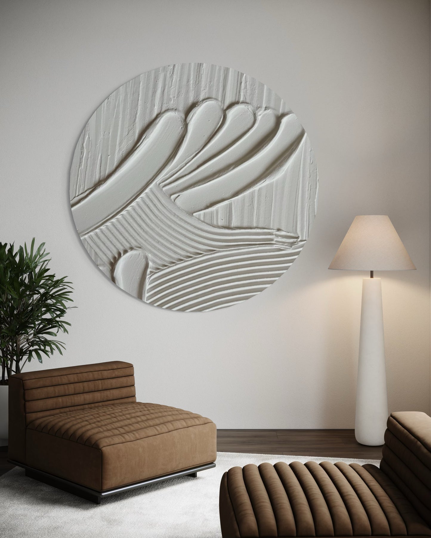 MAZU white minimalist textured wall art in round shape. Circular canvas in japandi style. Ideal for modern and wabi sabi office, living room, bedroom or dining room. 