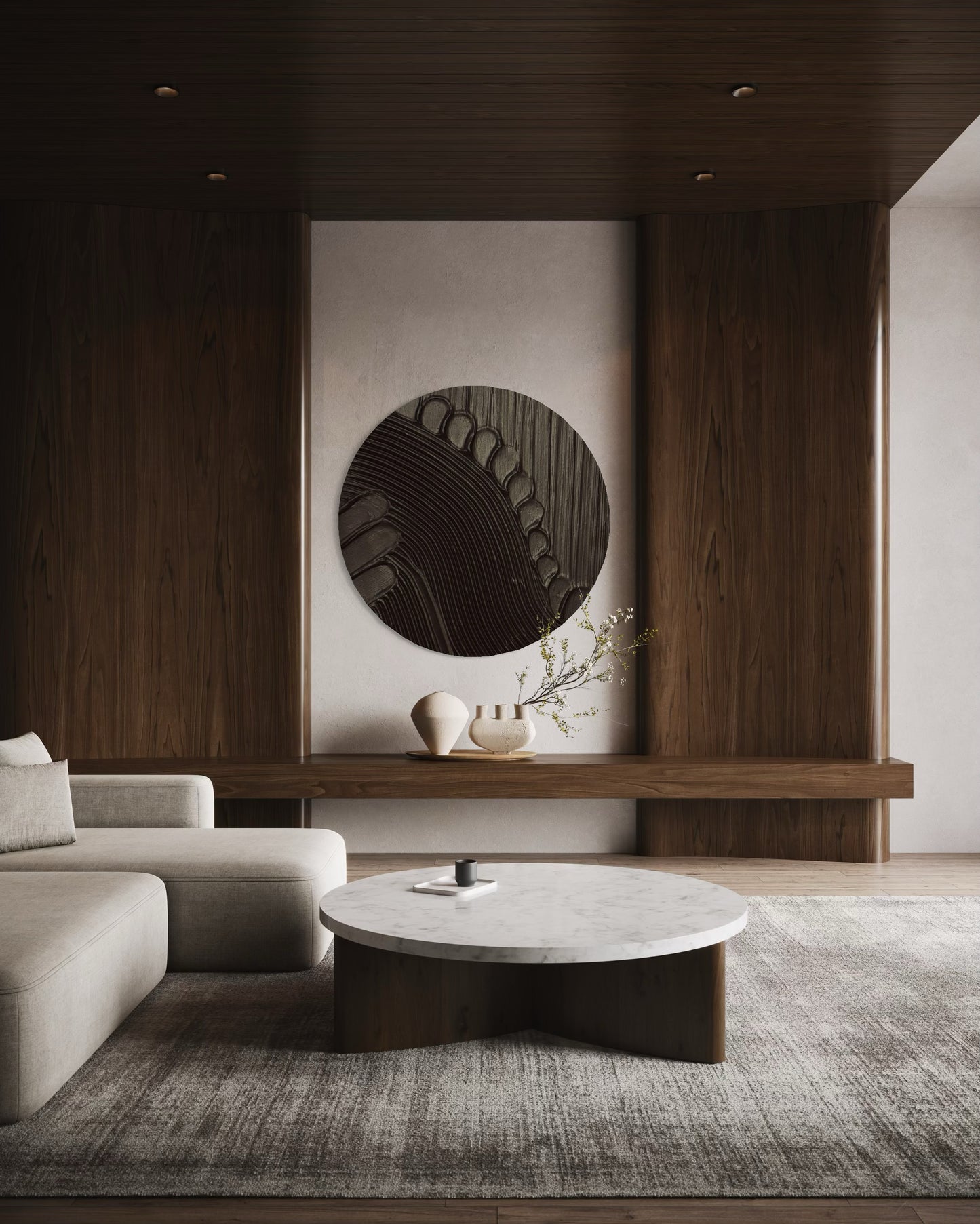 Nowoczesny okrągły obraz strukturalny MAZU w czerni jako dekoracja ścienna do salonu