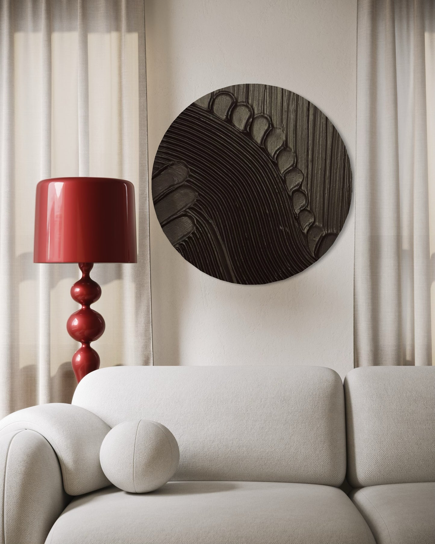 Abstrakcyjny okrągły obraz strukturalny MAZU w czarnej kolorystyce