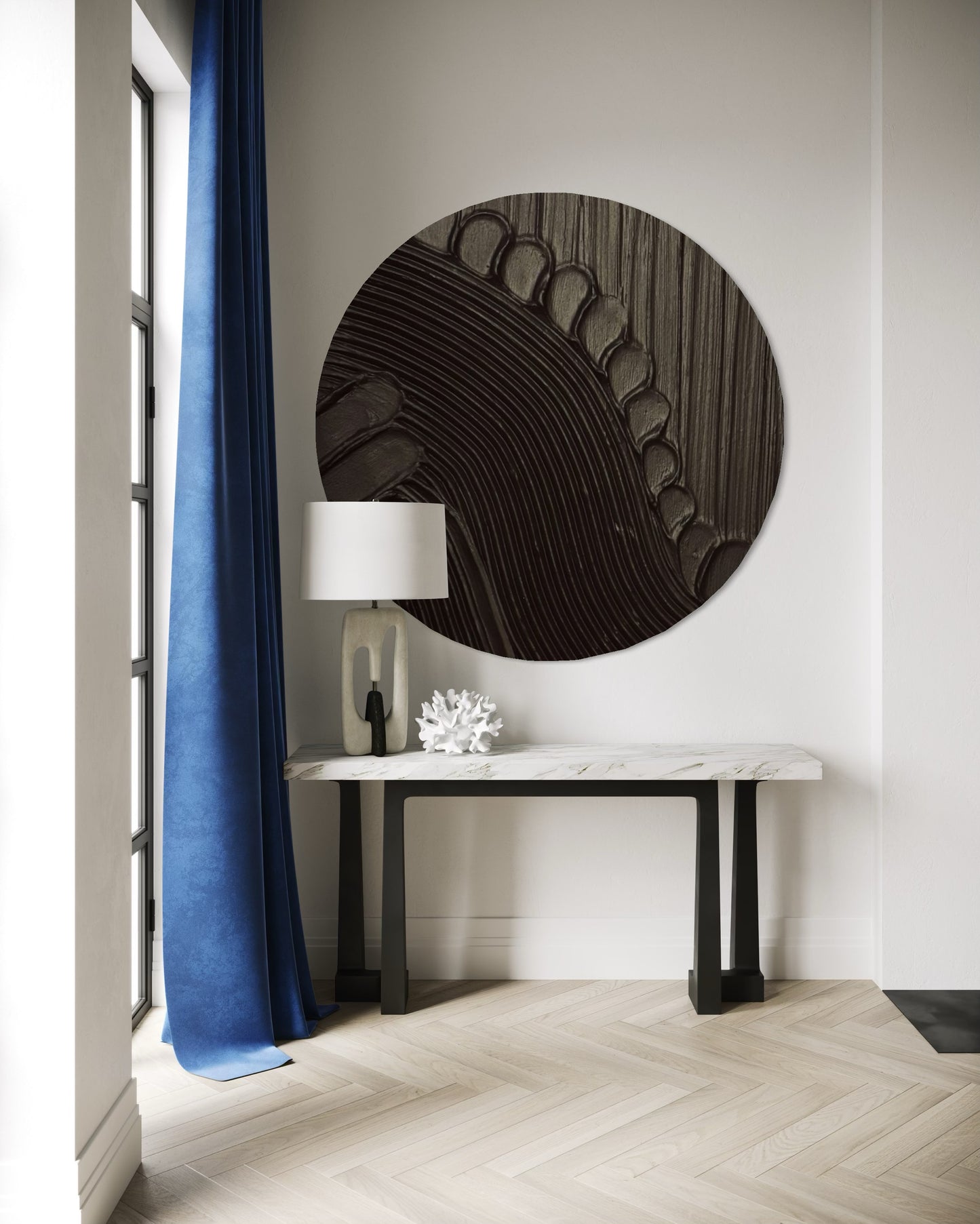 Minimalistyczny okrągły obraz strukturalny MAZU w głębokiej czerni