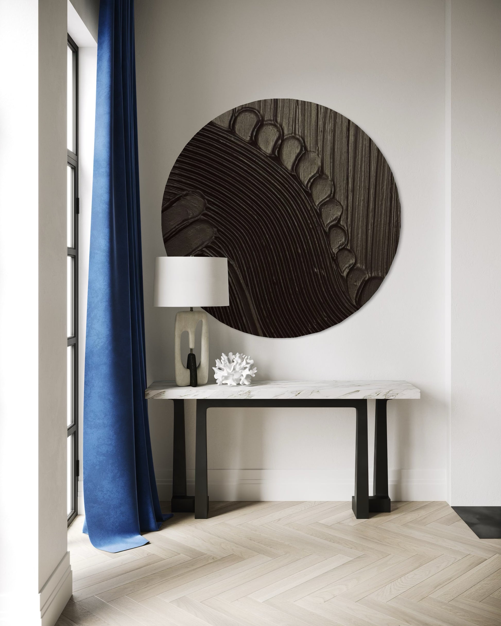 Minimalistyczny okrągły obraz strukturalny MAZU w głębokiej czerni