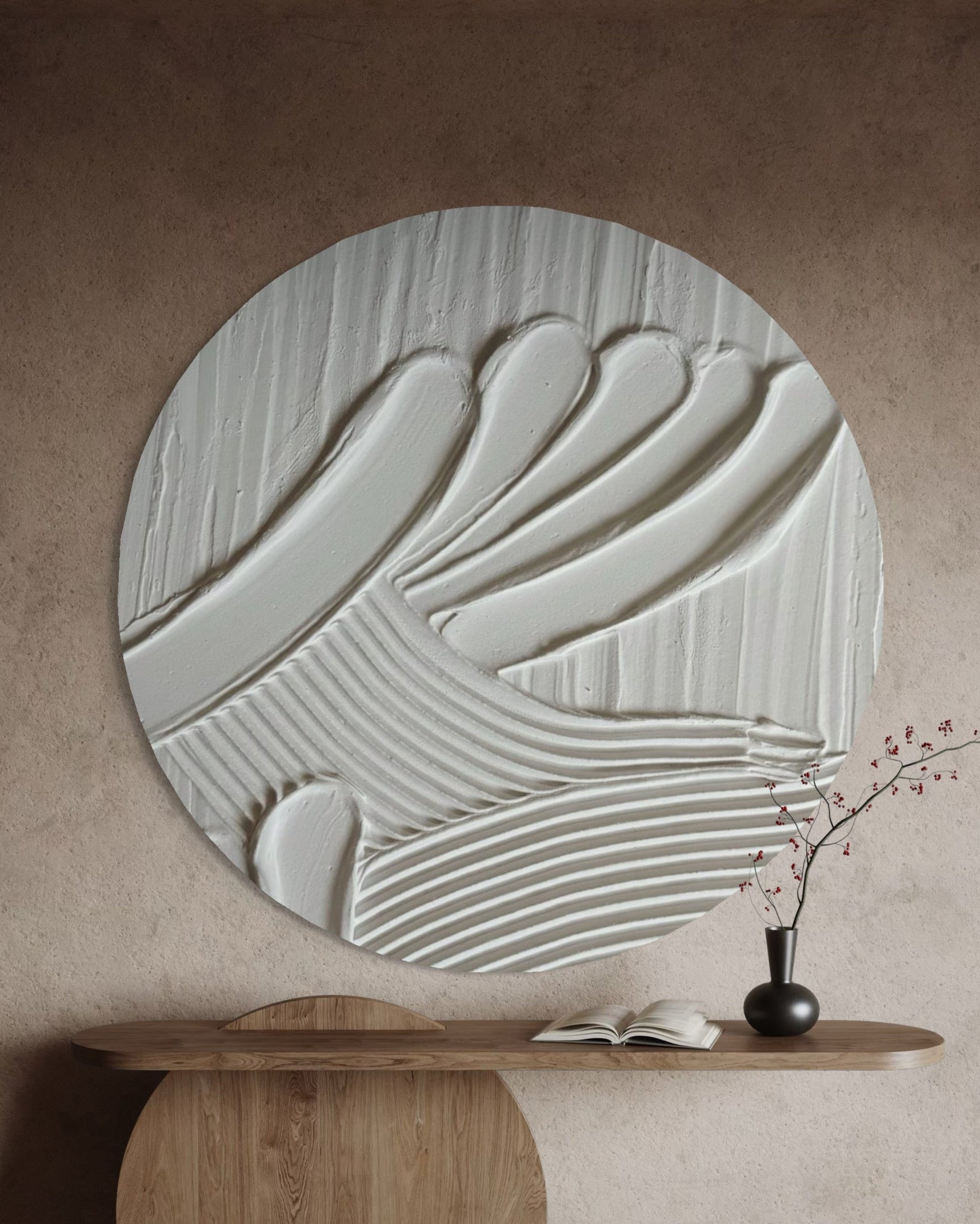 MAZU white minimalist textured wall art in round shape. Circular canvas in japandi style. Ideal for modern and wabi sabi office, living room, bedroom or dining room. 