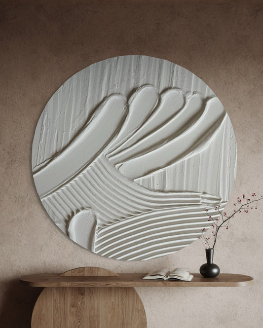 MAZU white minimalist textured wall art in round shape. Circular canvas in japandi style. Ideal for modern and wabi sabi office, living room, bedroom or dining room. 