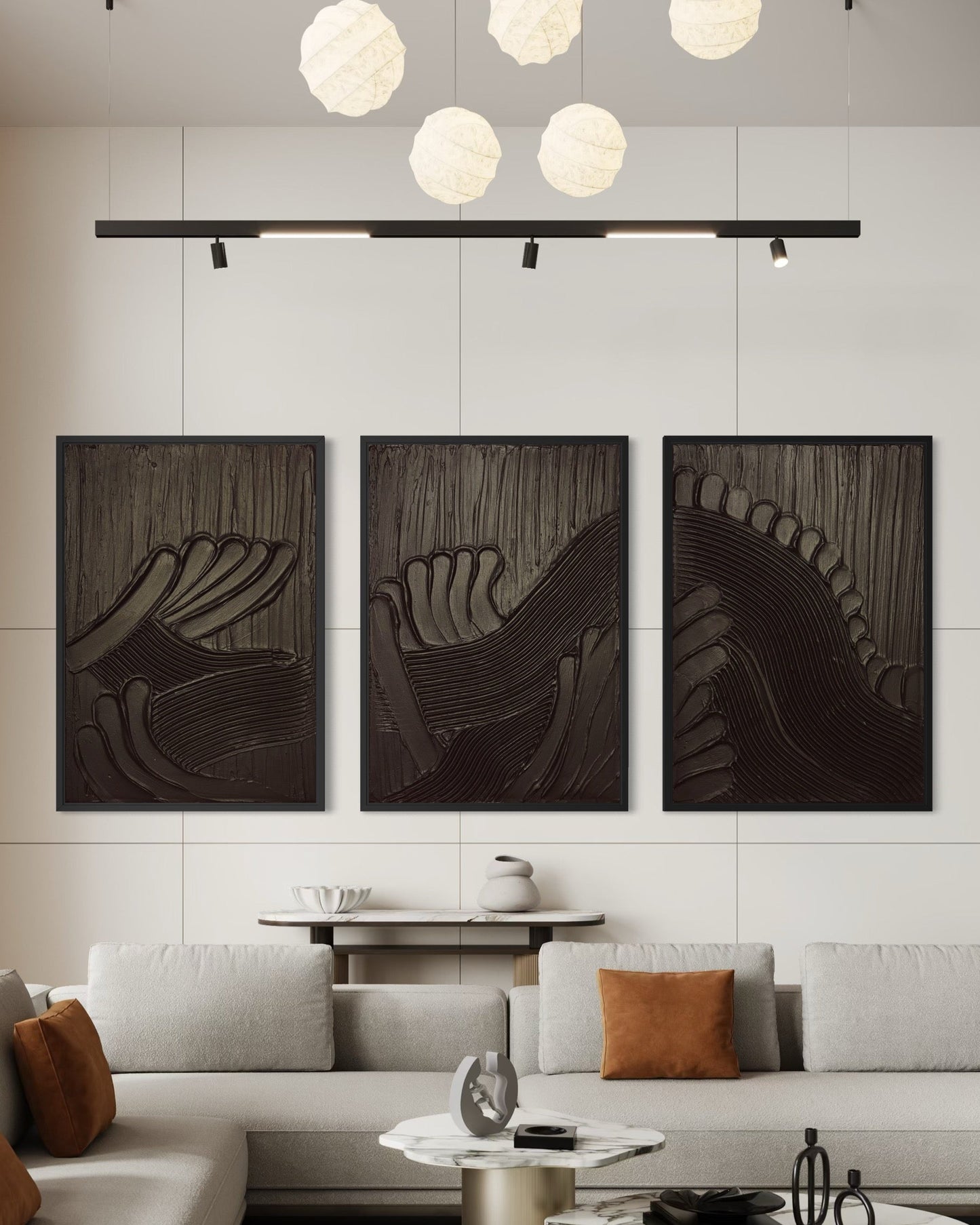 Czarny tryptyk obrazów strukturalnych MAZU na naciągniętym płótnie w minimalistycznym stylu