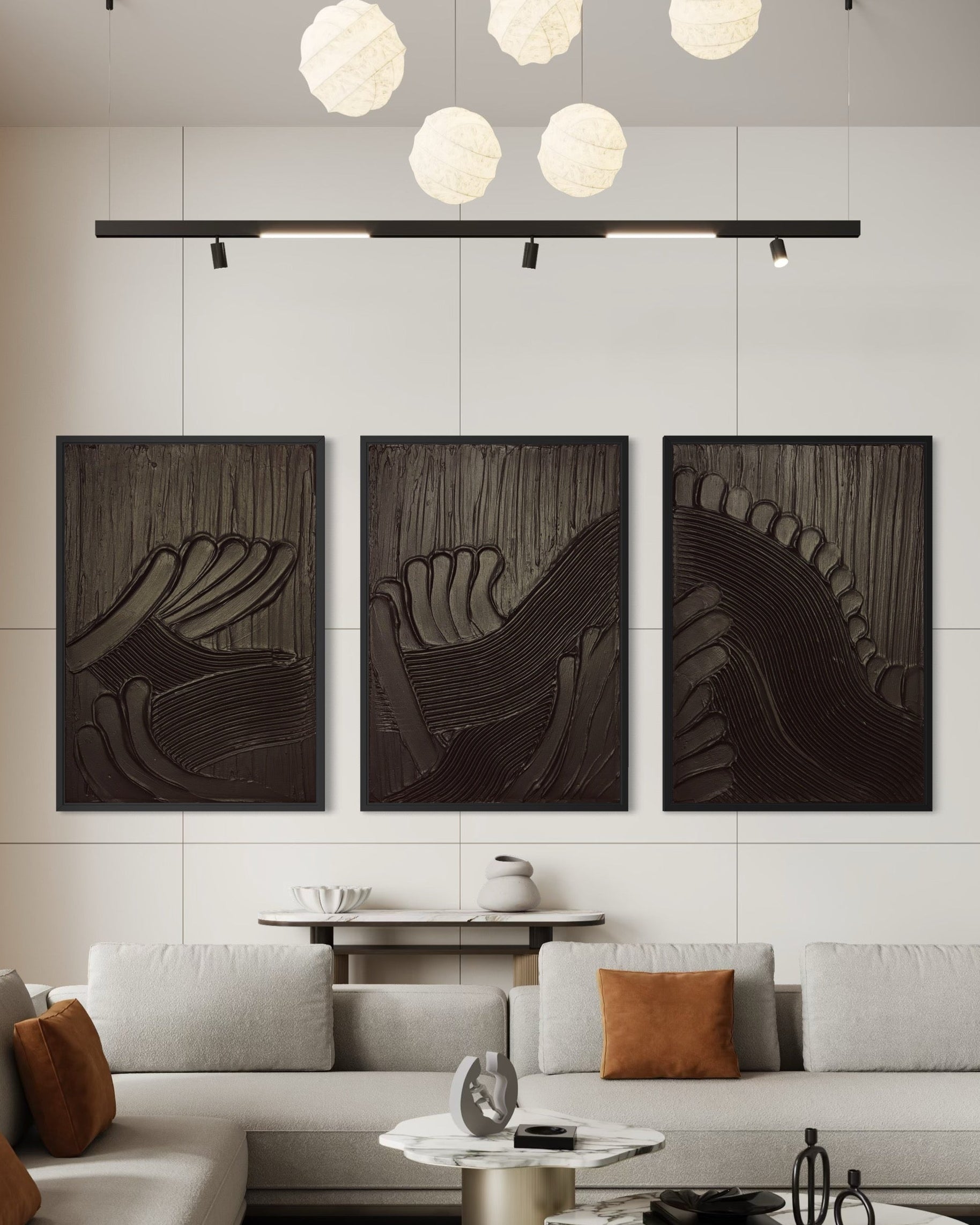 Czarny tryptyk obrazów strukturalnych MAZU na naciągniętym płótnie w minimalistycznym stylu