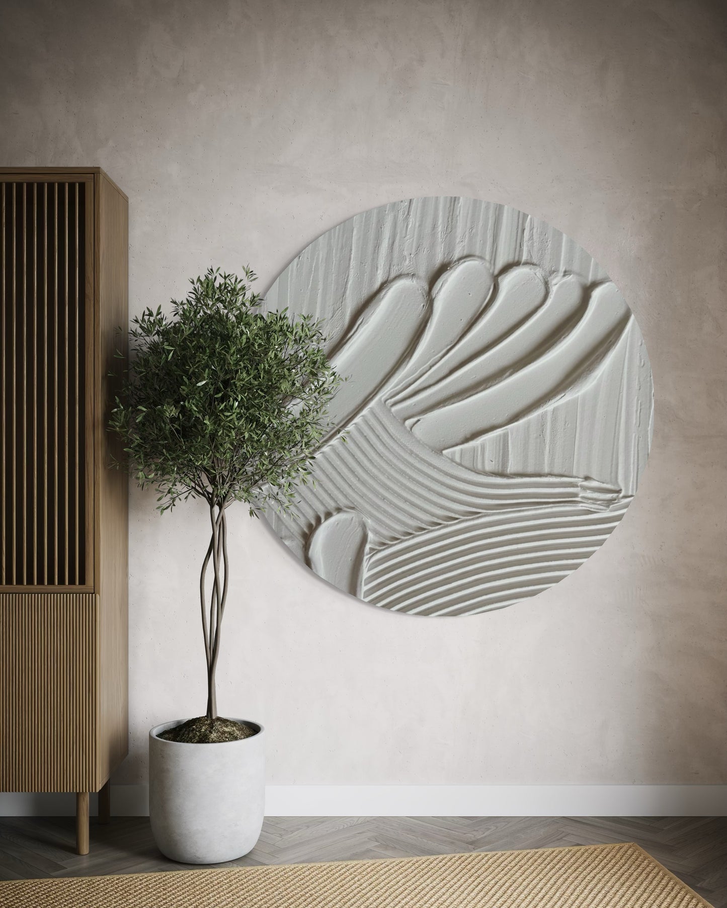 MAZU white minimalist textured wall art in round shape. Circular canvas in japandi style. Ideal for modern and wabi sabi office, living room, bedroom or dining room. 