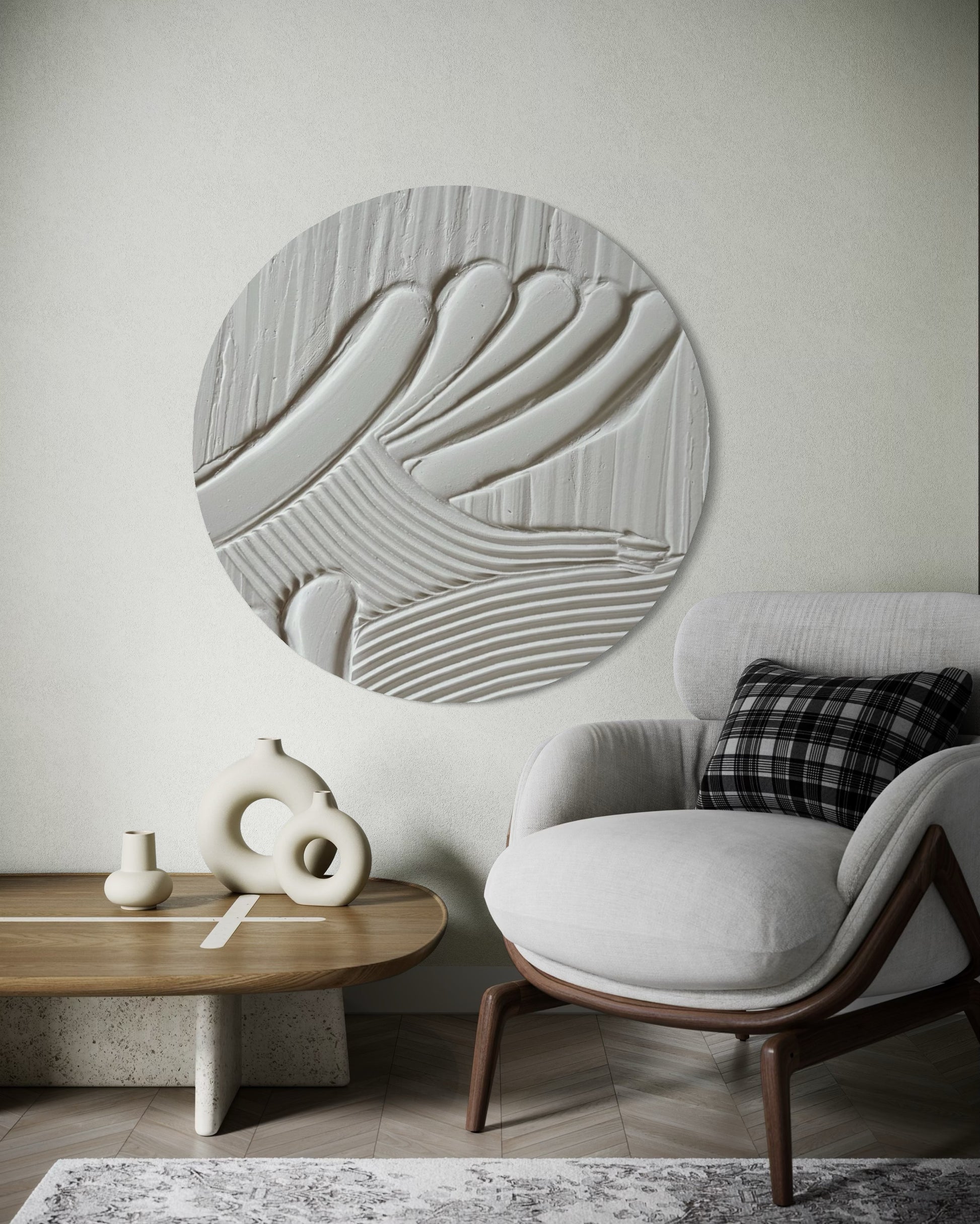 MAZU white minimalist textured wall art in round shape. Circular canvas in japandi style. Ideal for modern and wabi sabi office, living room, bedroom or dining room. 