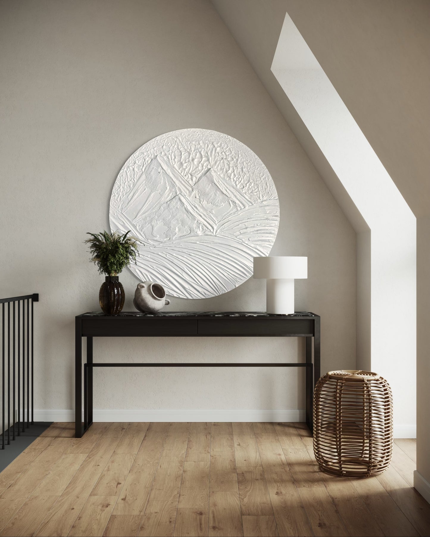 MOUNTAINS biały okrągły minimalistyczny obraz 3D przedstawiający góry. Nowoczesne dzieło sztuki dla wabi sabi lub japandi stylu wnętrza. 