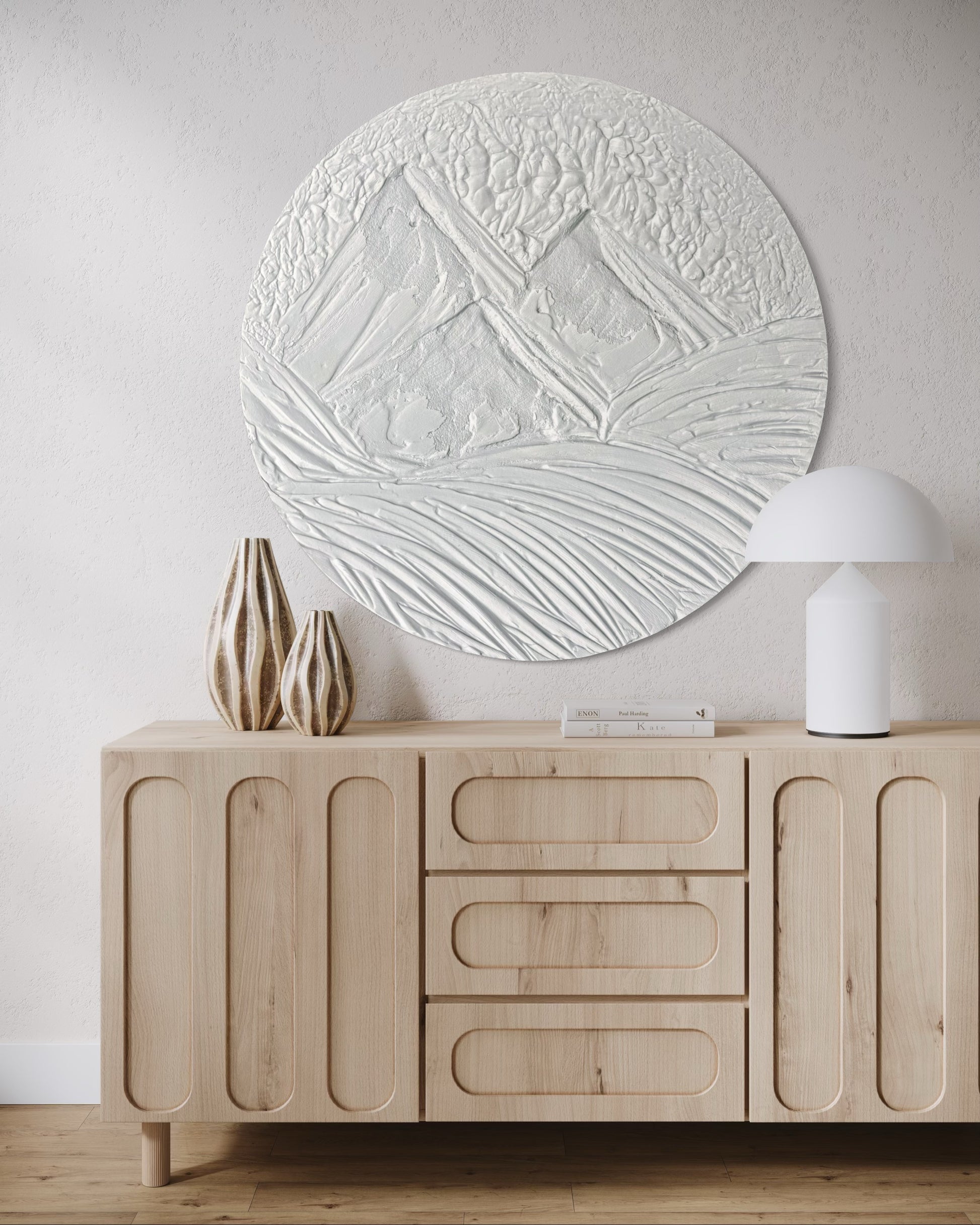 MOUNTAINS biały okrągły minimalistyczny obraz 3D. Nowoczesne dzieło sztuki dla wabi sabi lub japandi stylu wnętrza. 