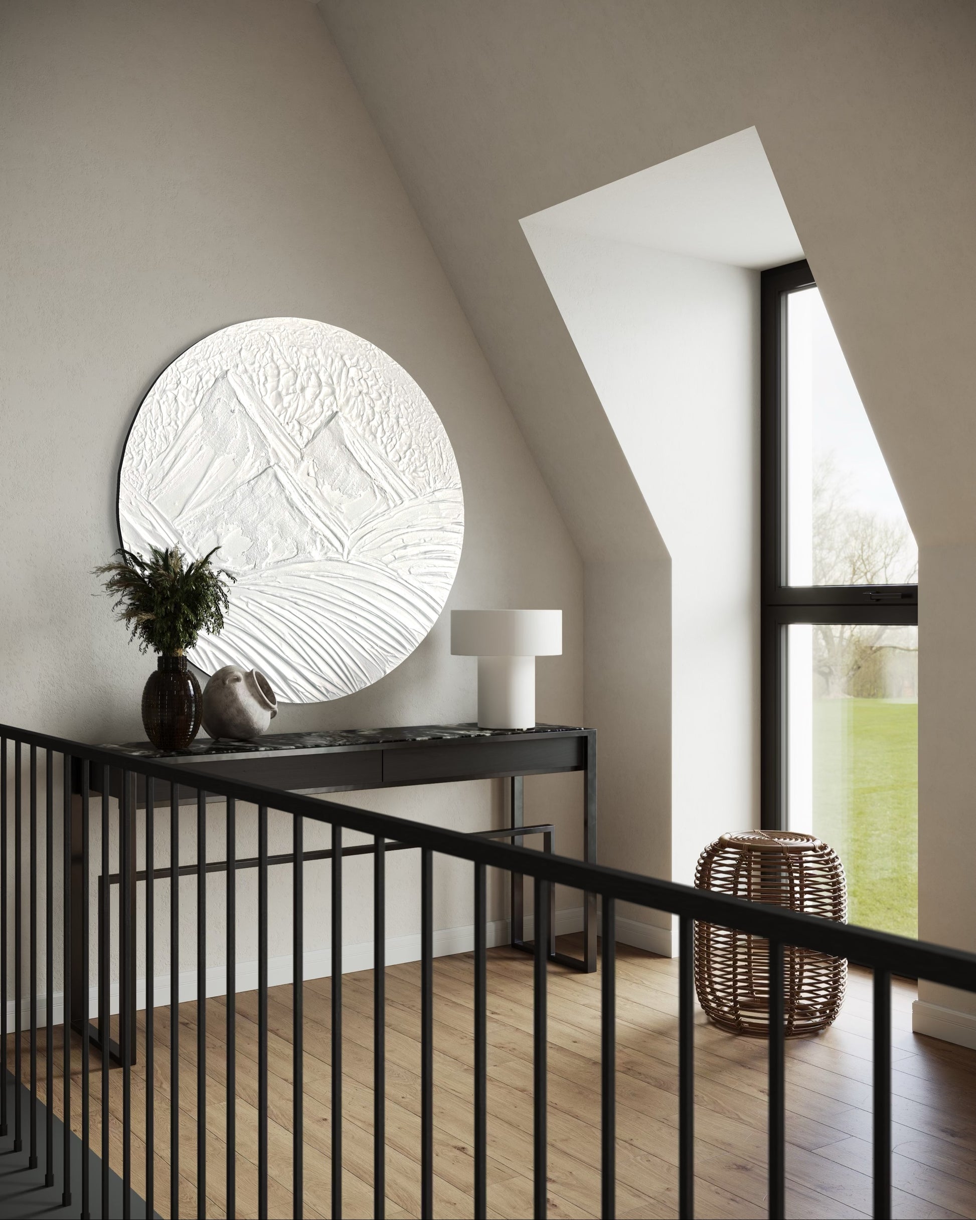 MOUNTAINS biały okrągły minimalistyczny obraz 3D. Nowoczesne dzieło sztuki dla wabi sabi lub japandi stylu wnętrza. 