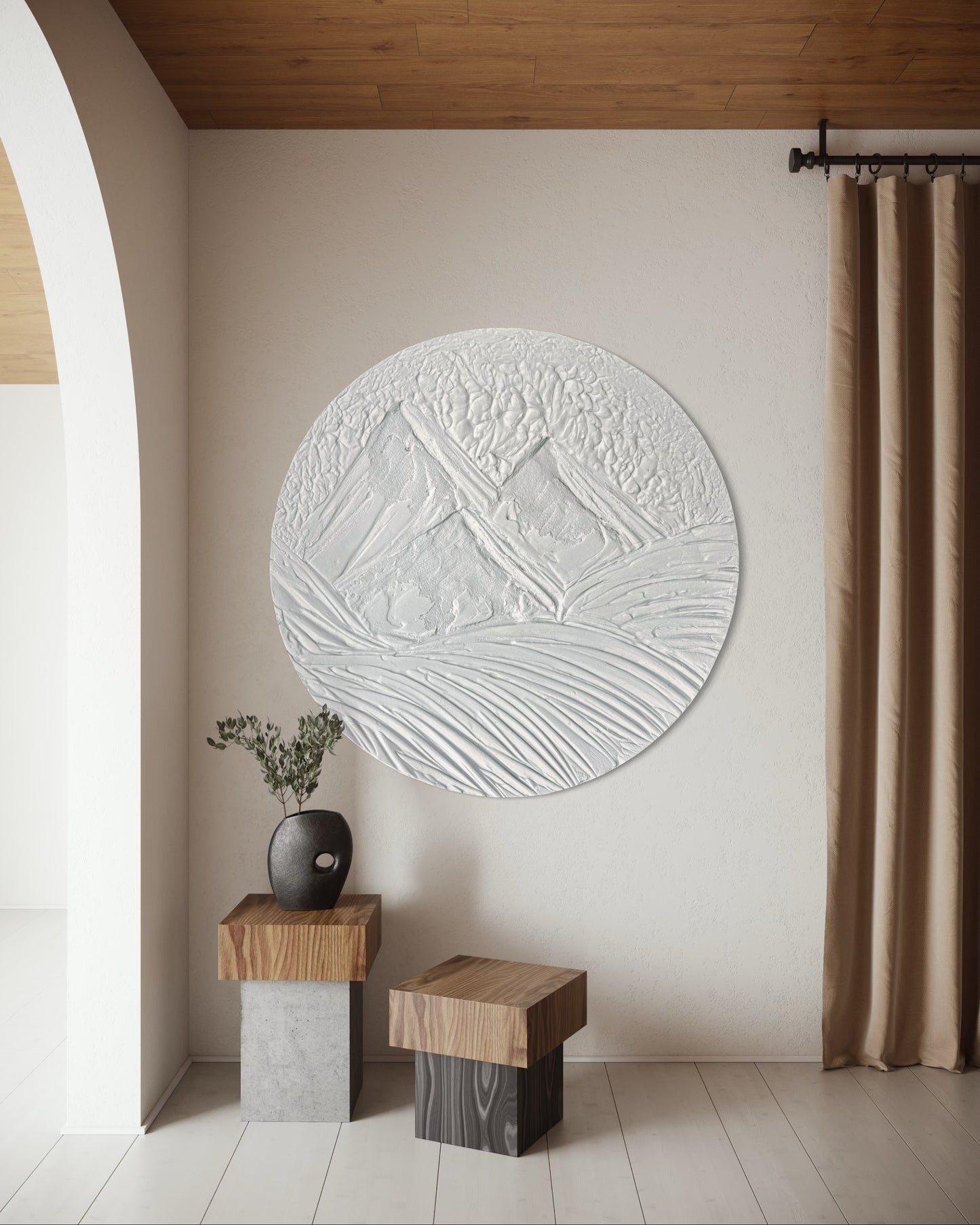 MOUNTAINS biały okrągły minimalistyczny obraz 3D. Nowoczesne dzieło sztuki dla wabi sabi lub japandi stylu wnętrza. 