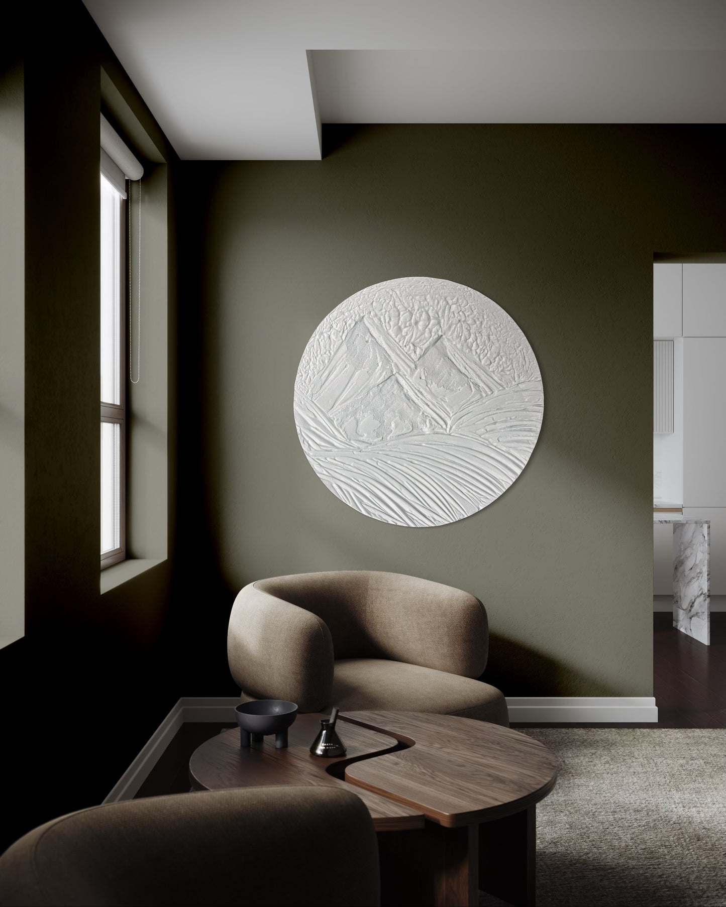 Minimalist round textured wall art - mountains in whie. 3D modern painting.