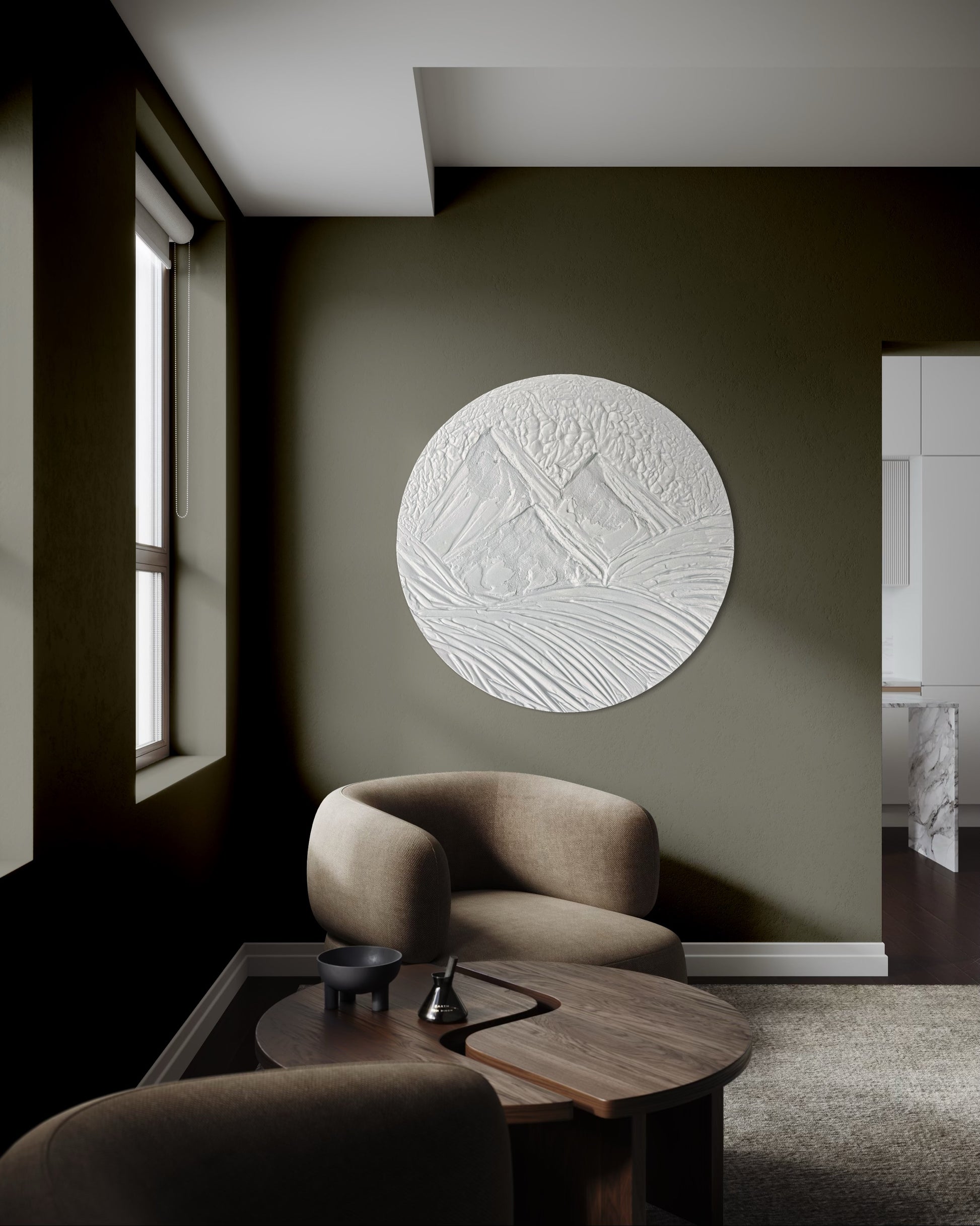 Minimalist round textured wall art - mountains in whie. 3D modern painting.