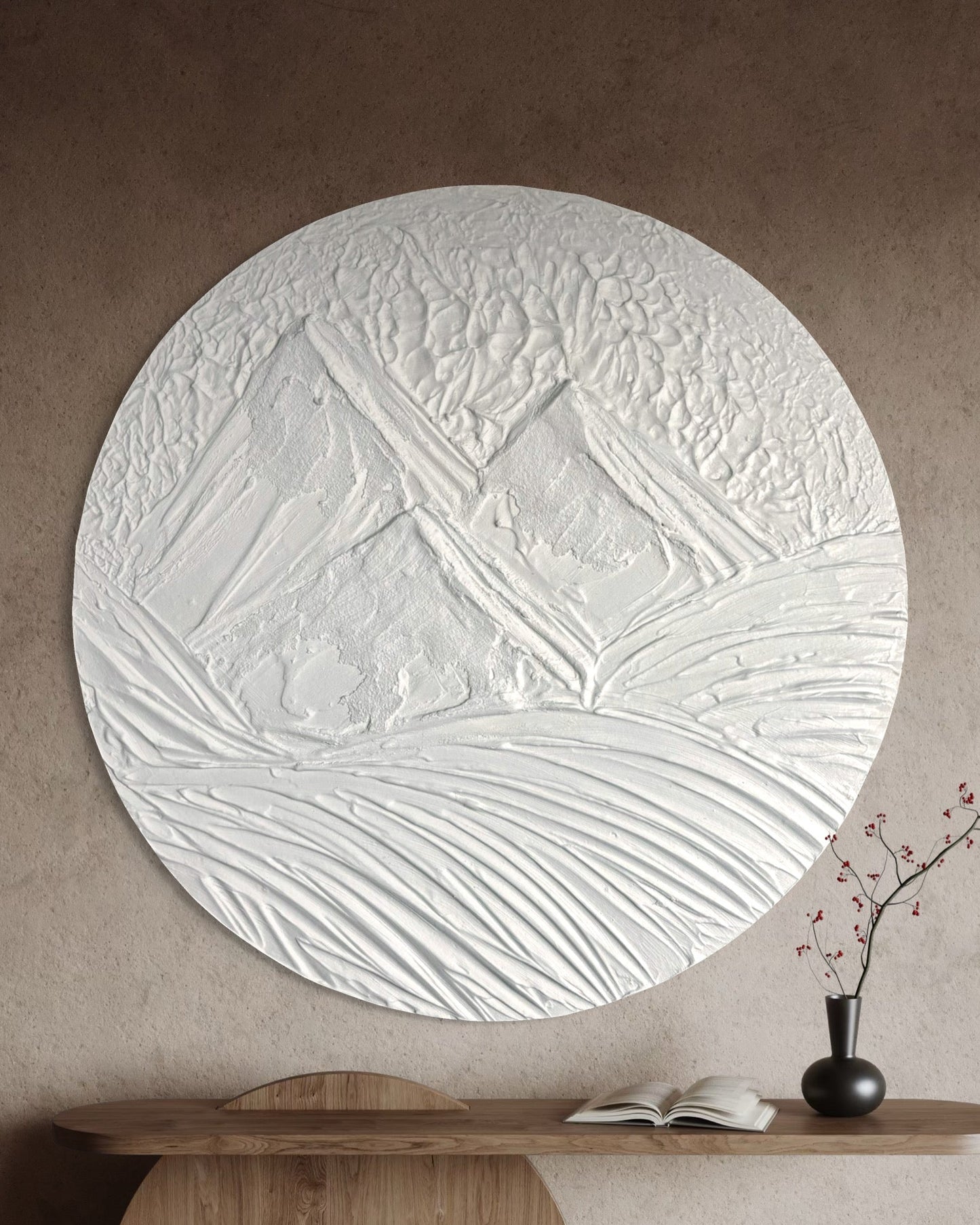 Minimalist round textured wall art - mountains in whie. 3D modern painting.