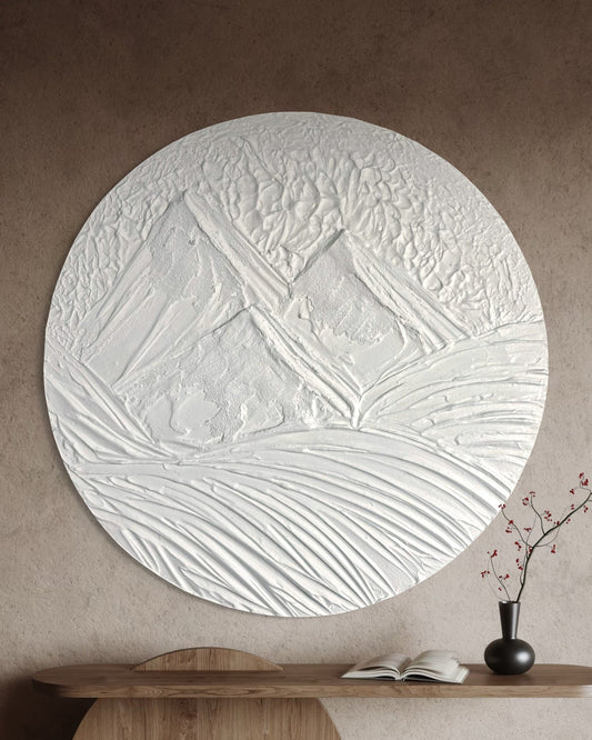 Minimalist round textured wall art - mountains in whie. 3D modern painting.
