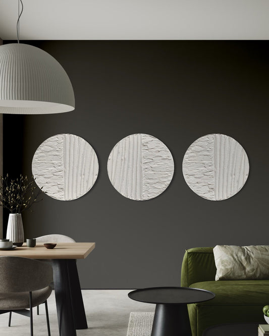 MYLA set of 3 white round textured wall art pieces in modern interior