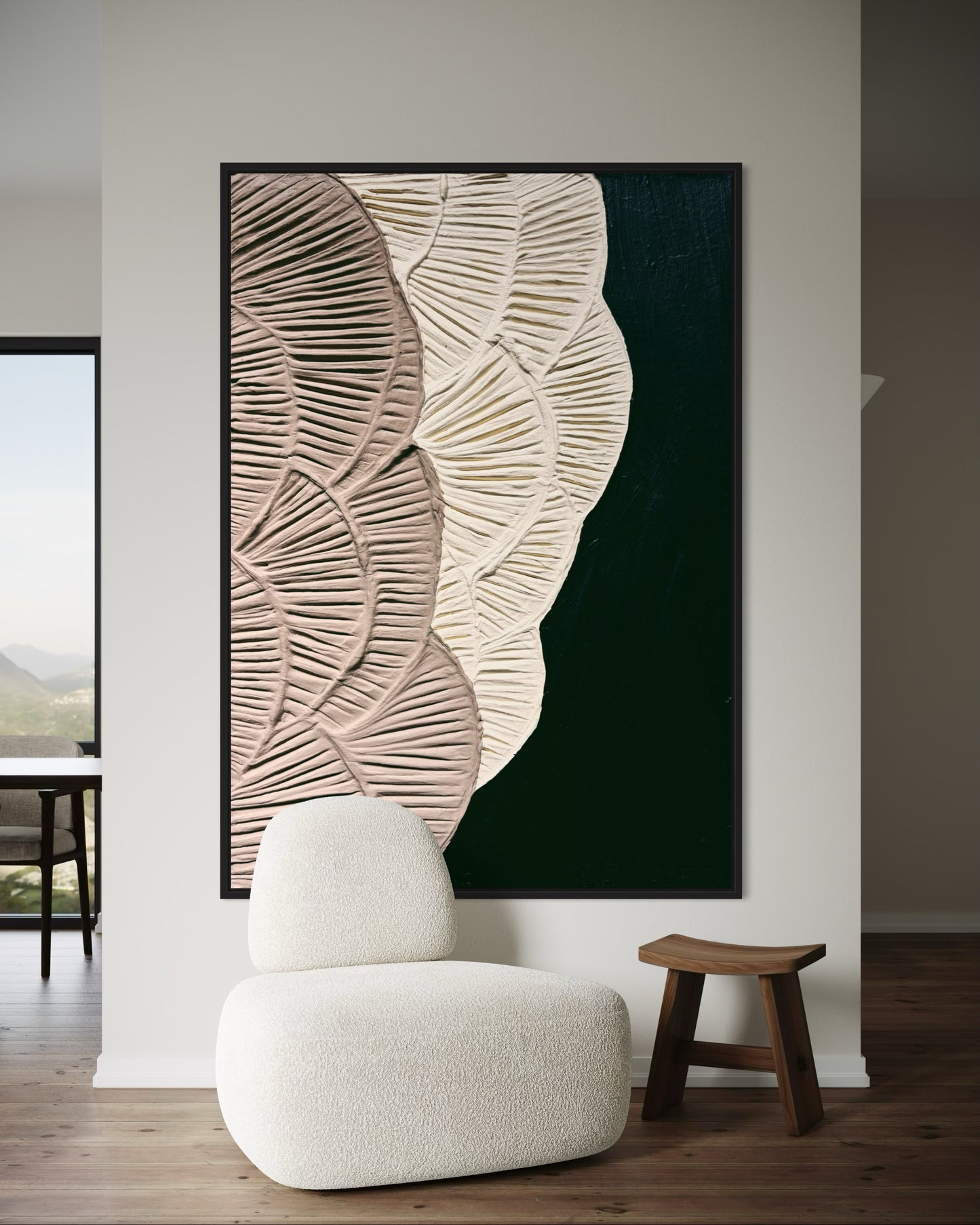Handmade 3D botanical wall decor with sculptural floral forms on black canvas
