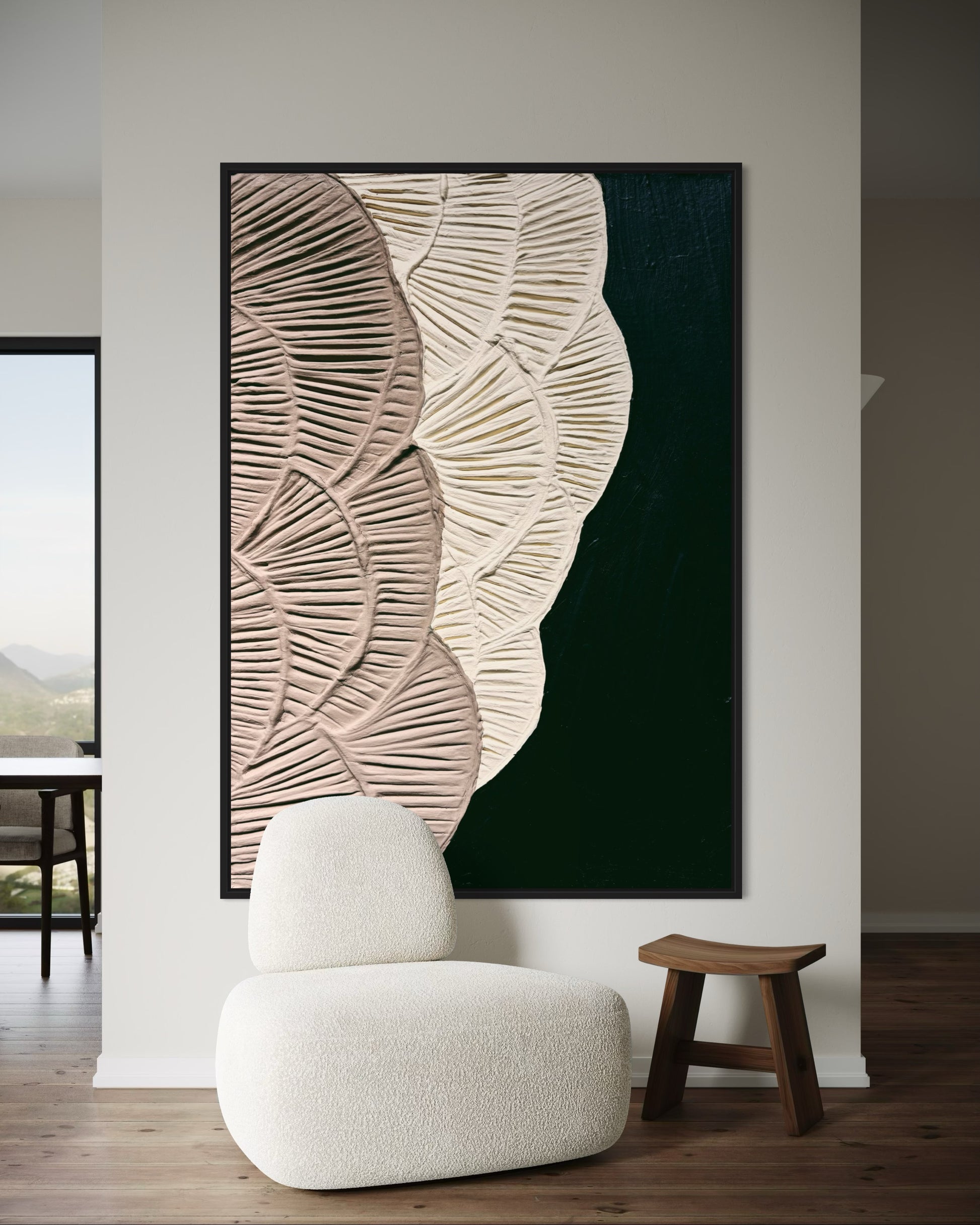 Handmade 3D botanical wall decor with sculptural floral forms on black canvas