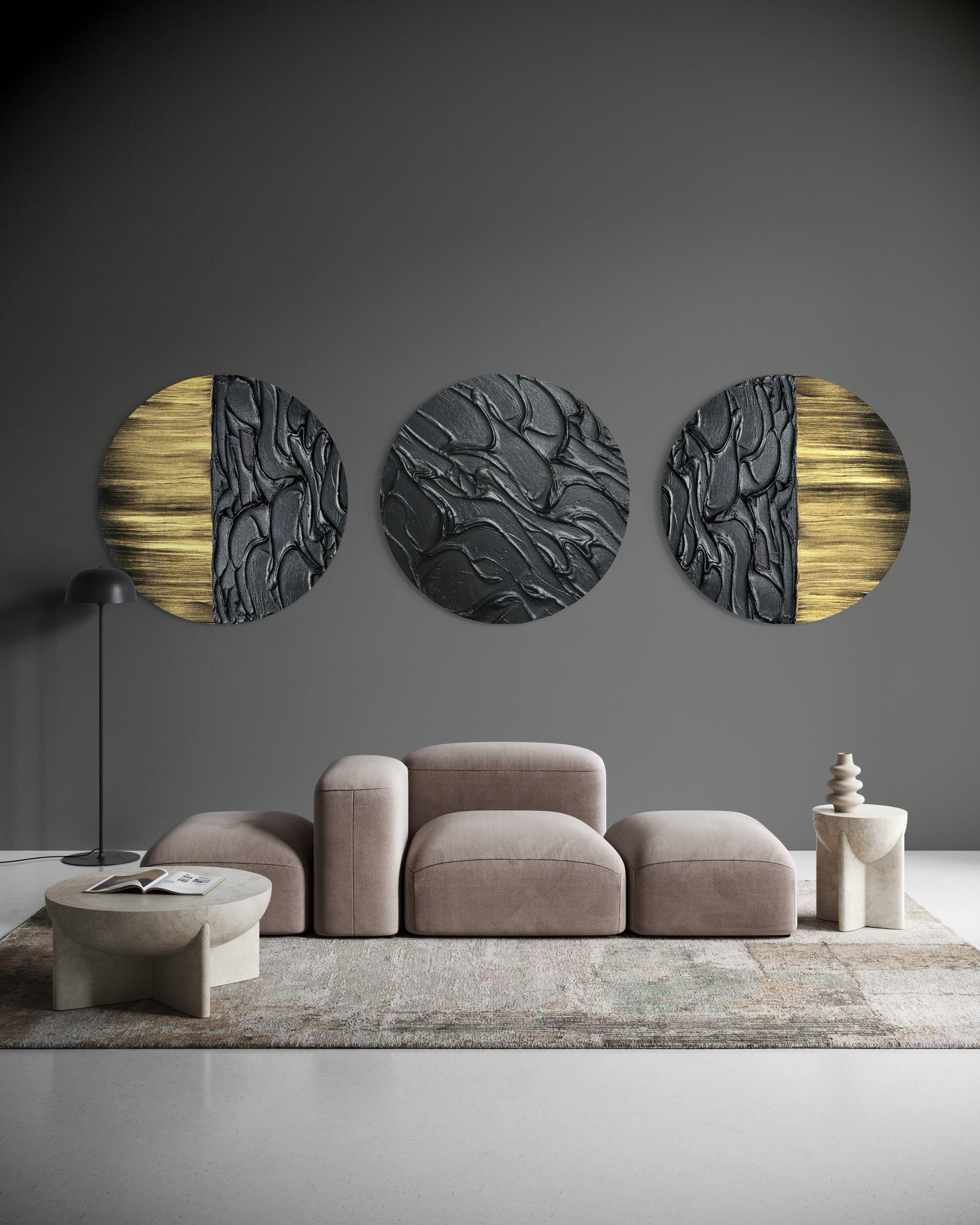 Moody and mystical black and gold round abstract wall decor set