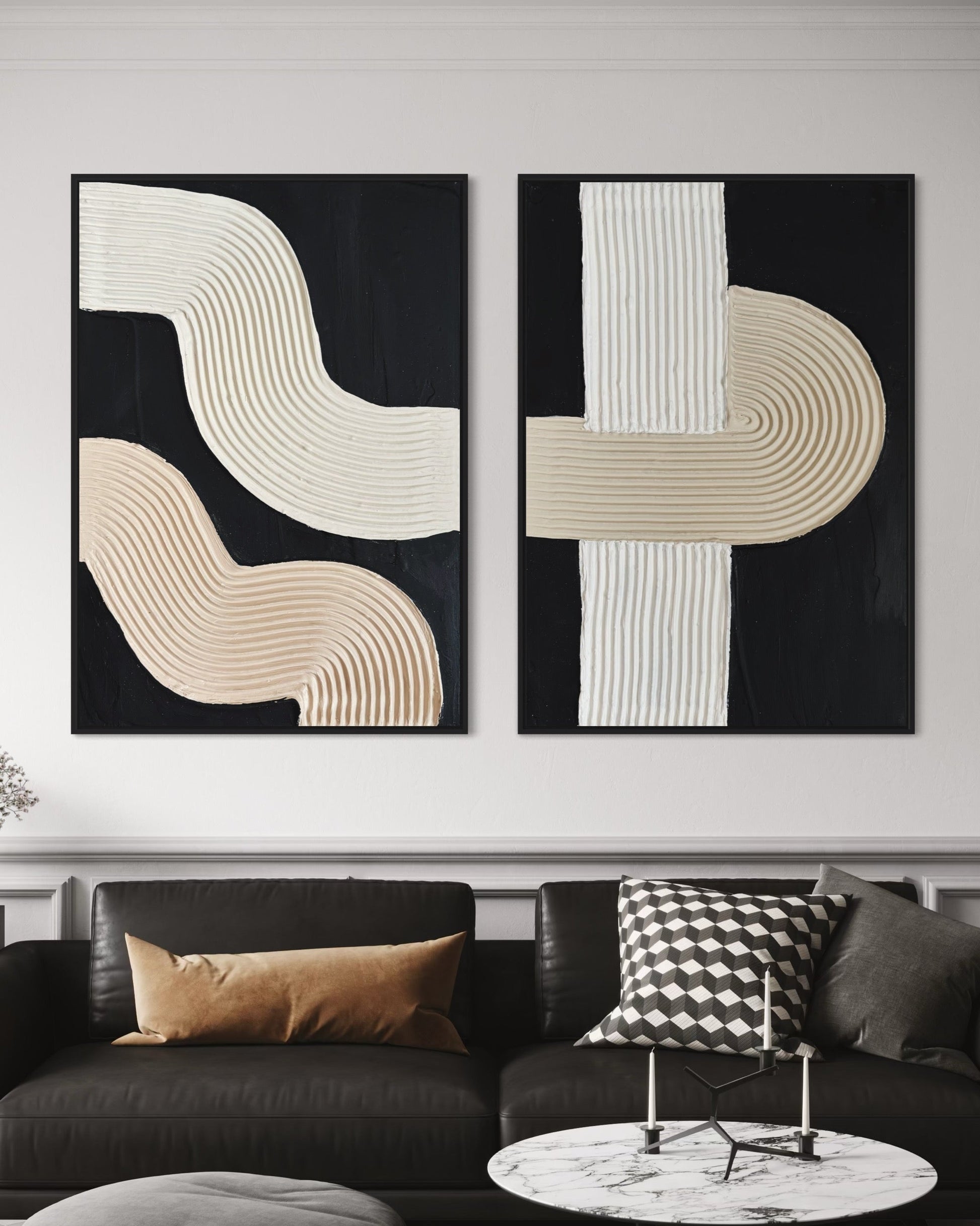 NUIT set of 2 textured wall art featuring arched design in nude, beige, and white on black background