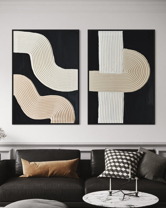 NUIT set of 2 textured wall art featuring arched design in nude, beige, and white on black background