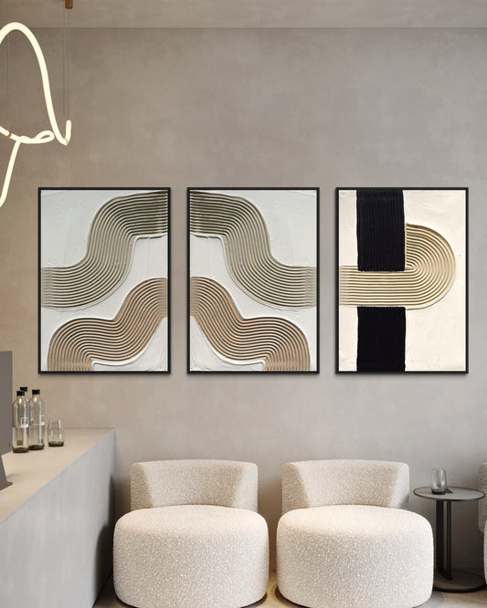 NUIT set of 3 textured wall art in beige, black, and white with arch design