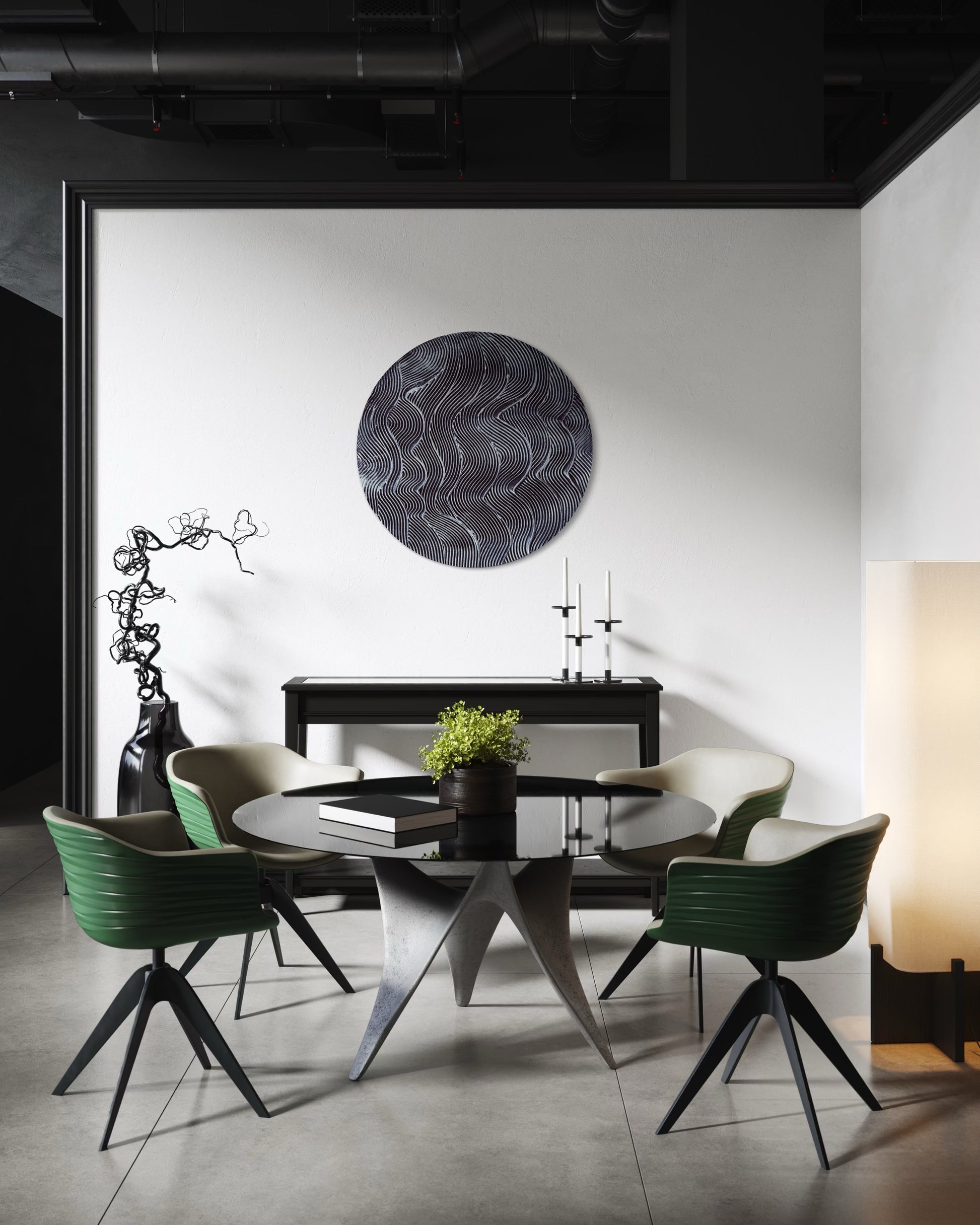 Black and silver round textured wall art
Mystical waves design abstract painting
Handcrafted 3D cosmic-inspired artwork
Modern monochrome wall decor
Circular abstract silver and black art
Statement round canvas with texture
No-frame modern wall art piece
Celestial-inspired home decor
Handmade black and silver textured painting
Elegant contemporary wall art with metallic details