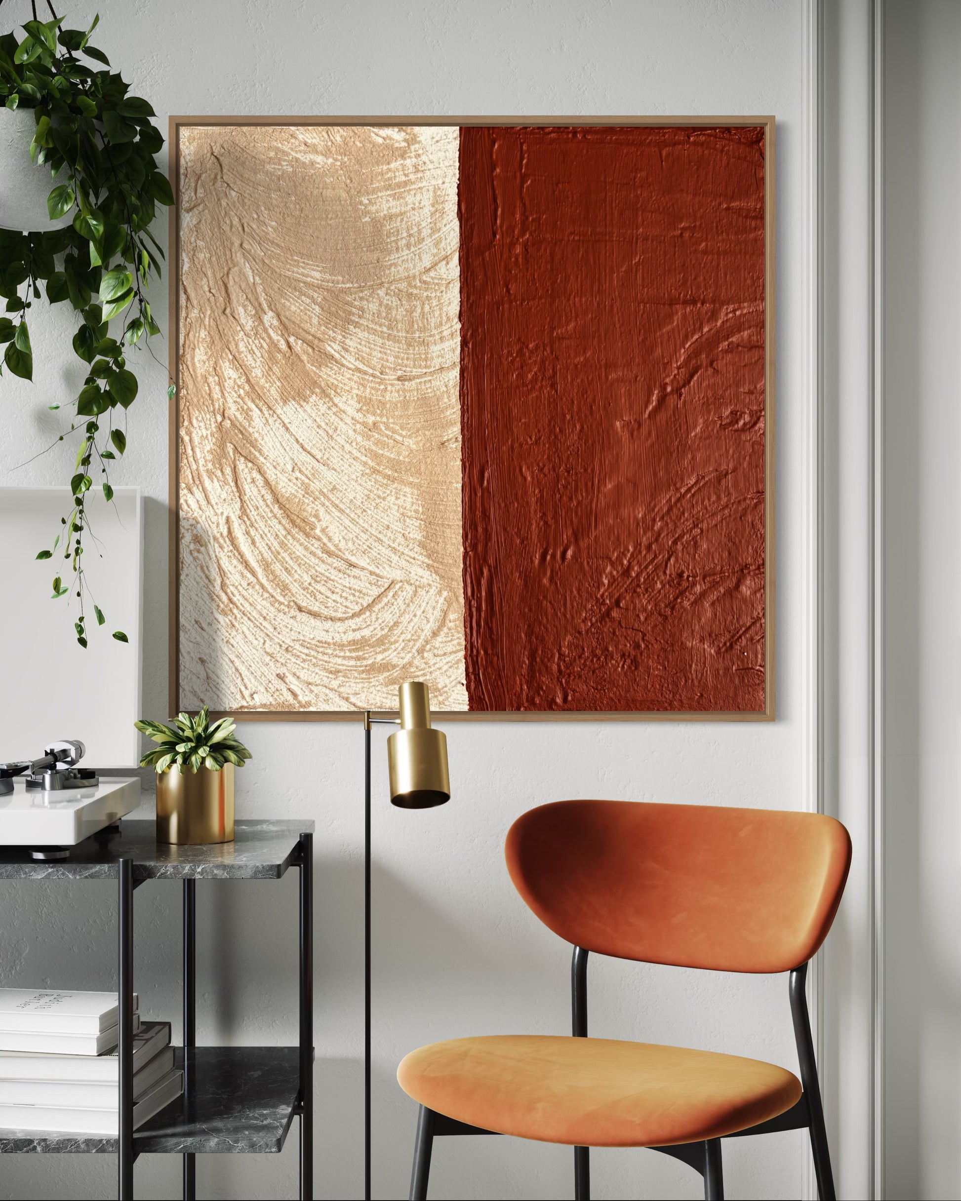 SULIS Abstract art piece in beige and terracotta color on a wall with a chair and plant in a modern interior setting
