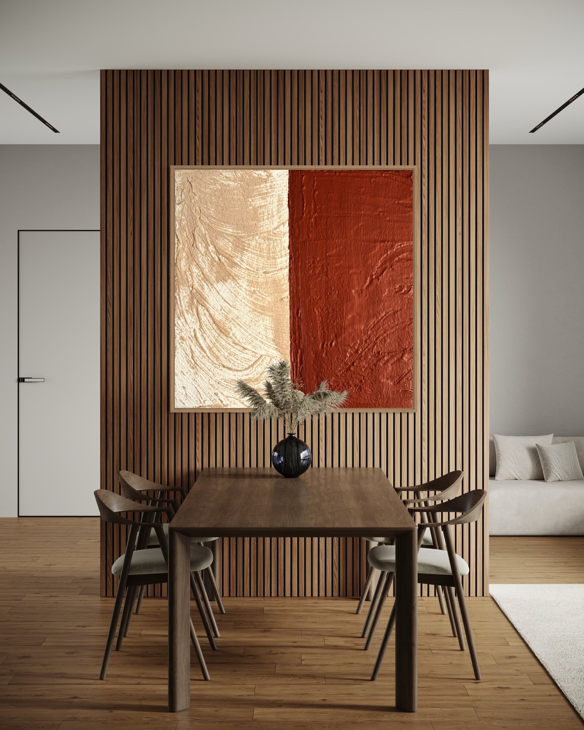 Dining room with wooden table and chairs, SULIS modern abstract art on the wall, and a vase.