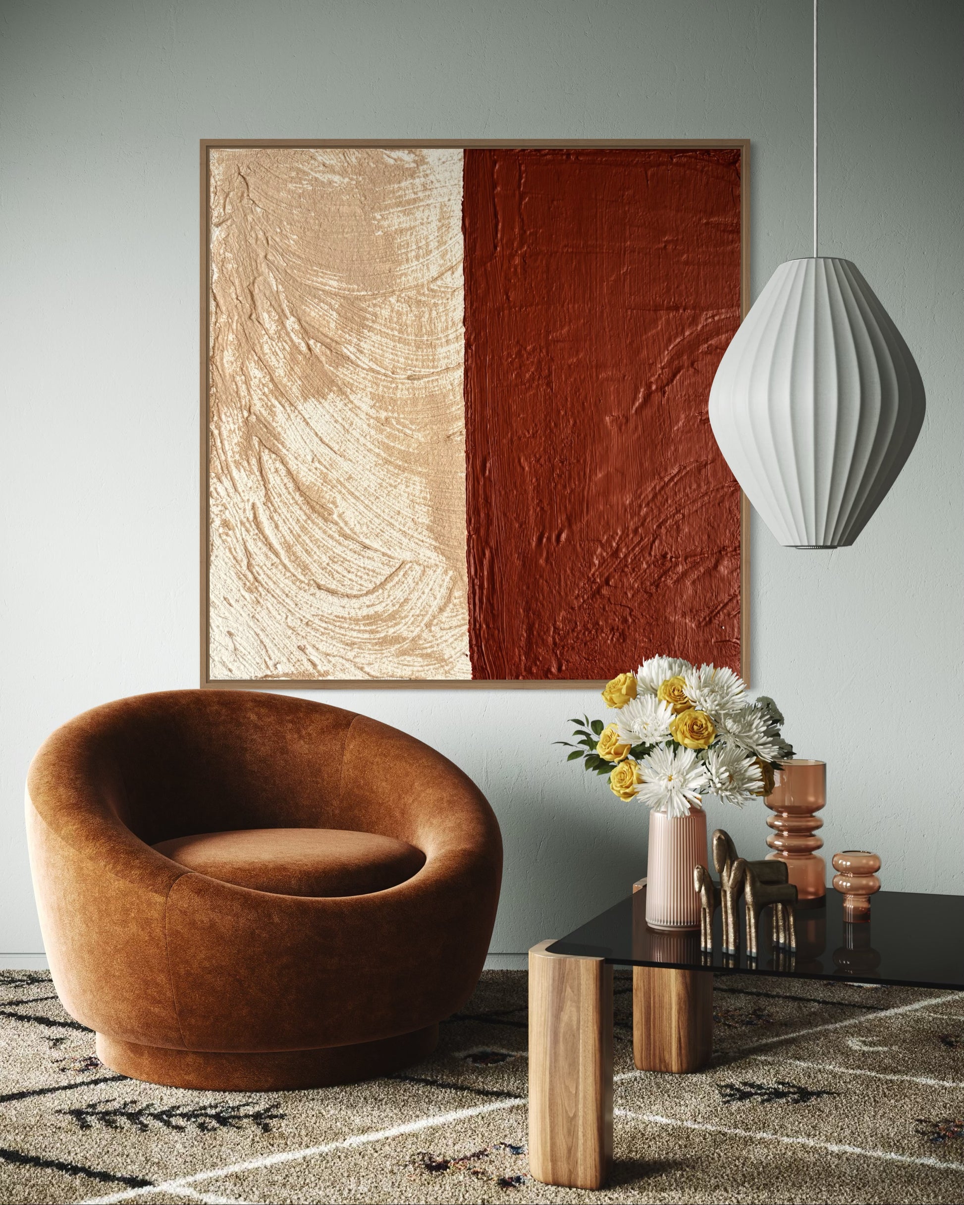 Modern living room with a brown chair, abstract painting SULIS - in warm and earthy tones, and decorative items.