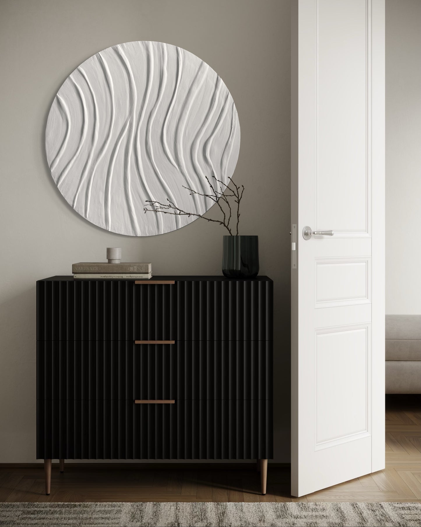 SWIRL white round textured wall art with modern abstract design