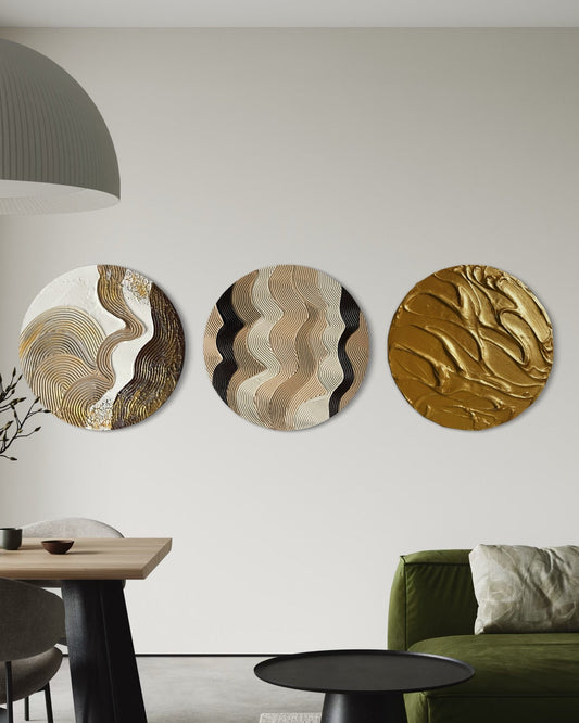 Modern living room with TRIO abstract wall art, a dining table, and green sofa.