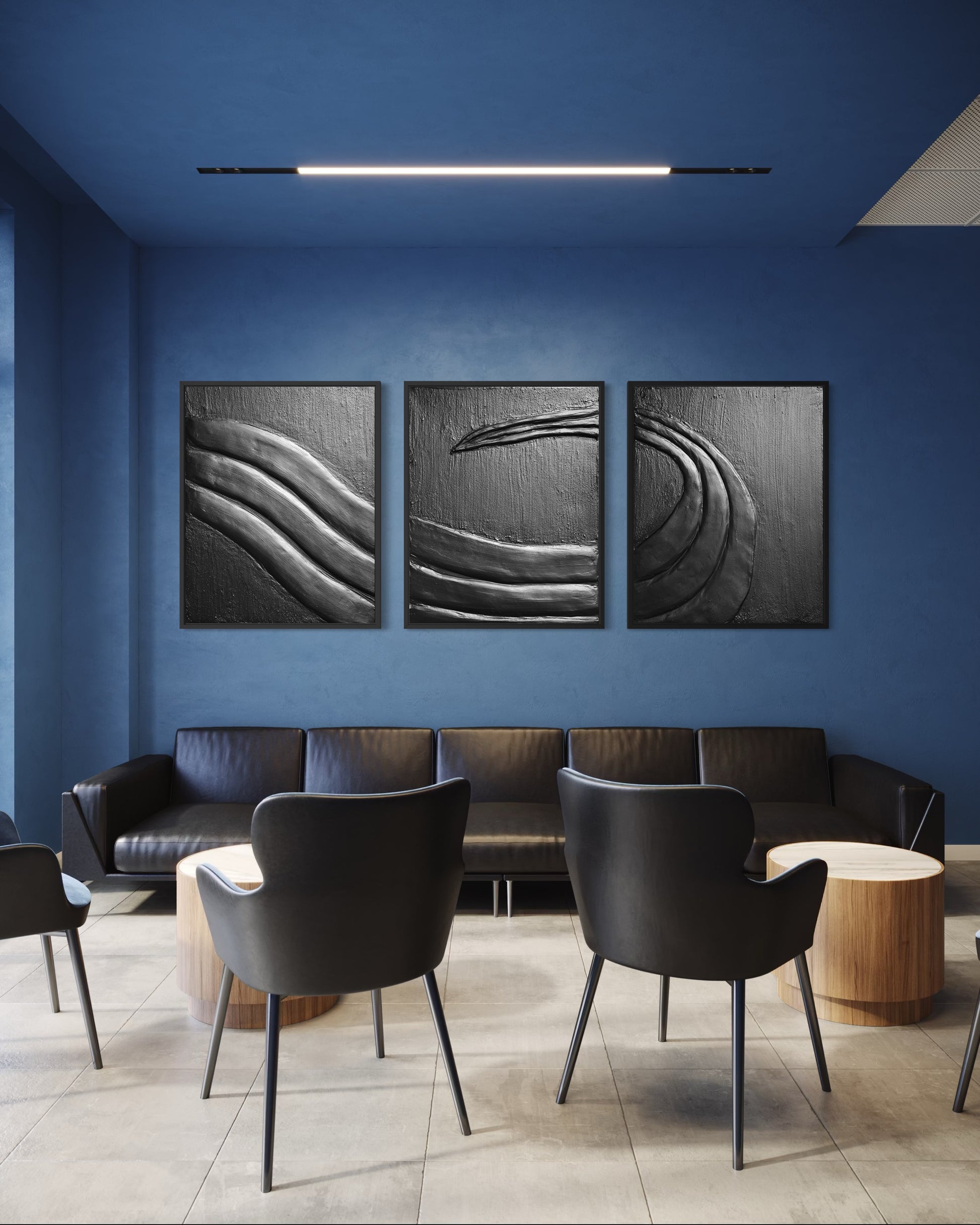 Nowoczesny czarny tryptyk strukturalny TRITON inspirowany ruchem fali