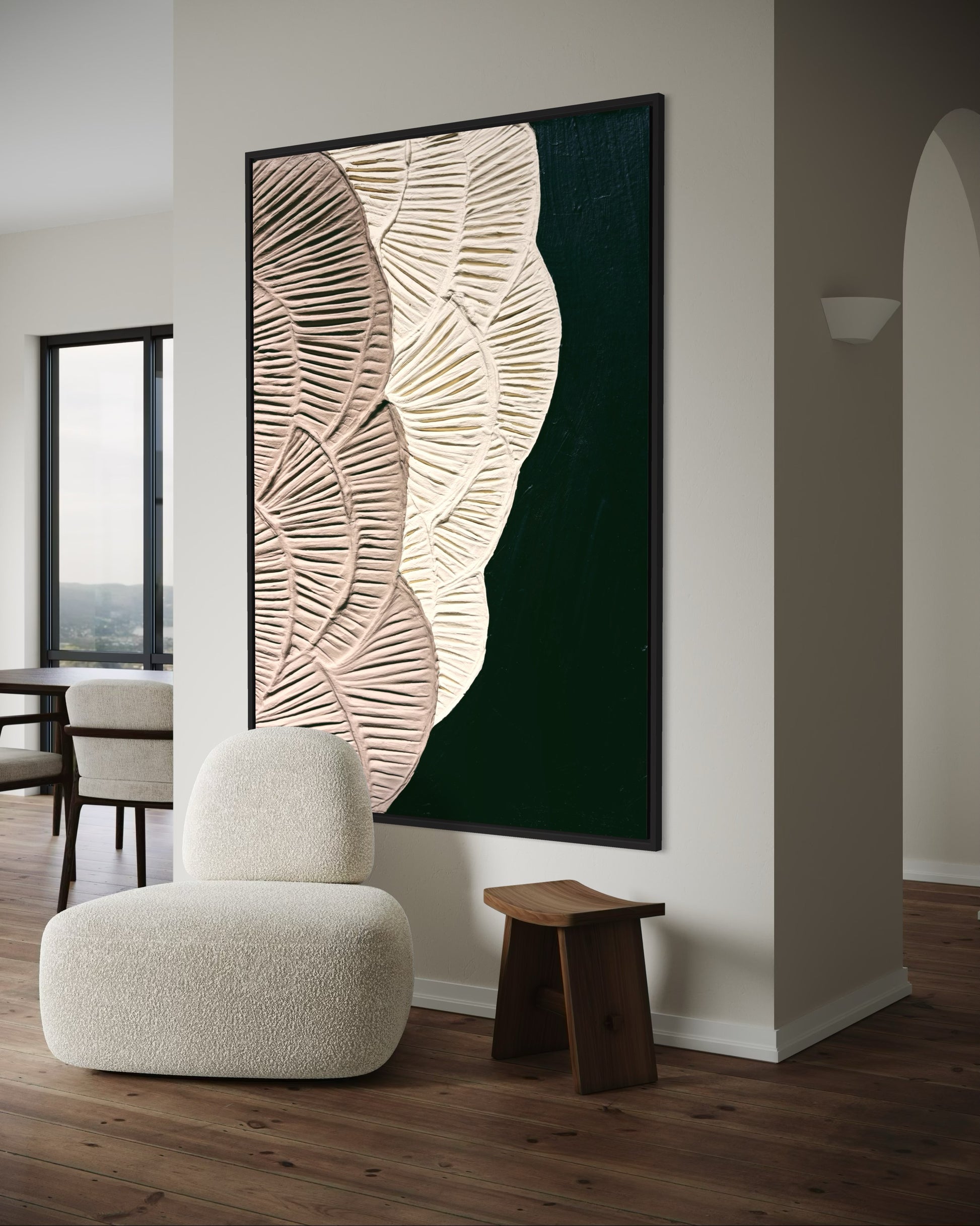 Textured canvas artwork with raised mocha and cream botanical elements