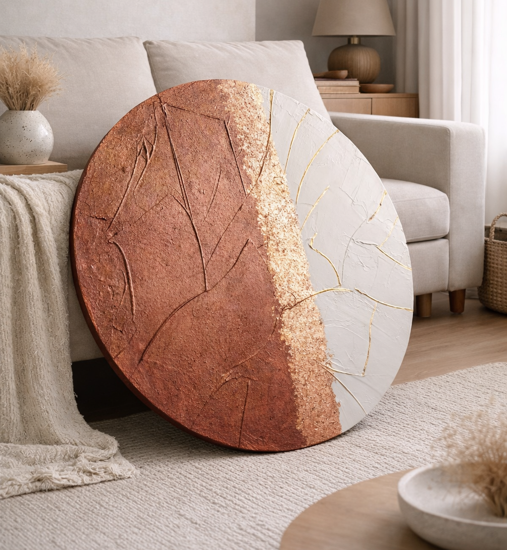 Round textured wall art in copper , beige and gold color in japandi style interior