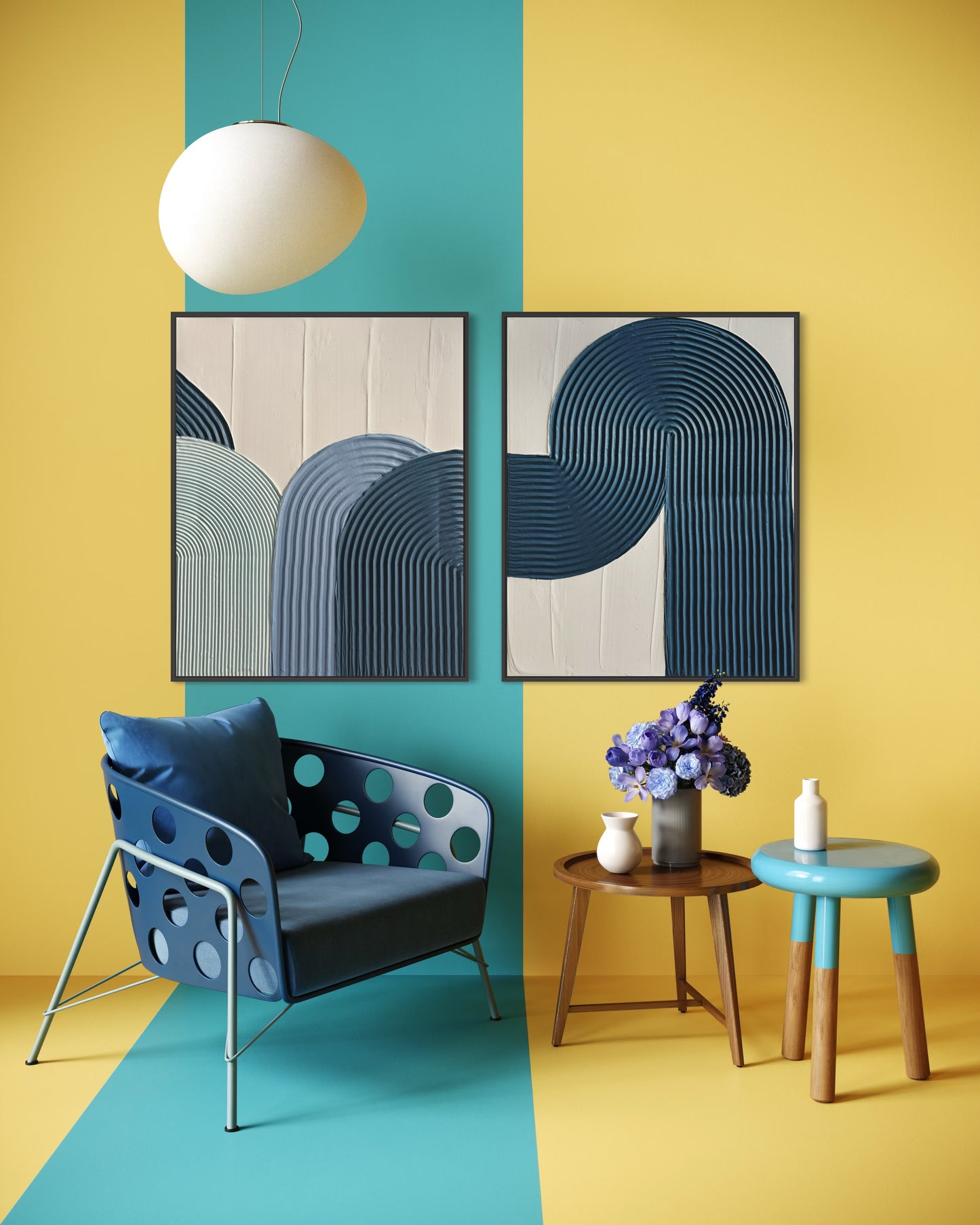Modern textured diptych artwork in navy, blue, and white